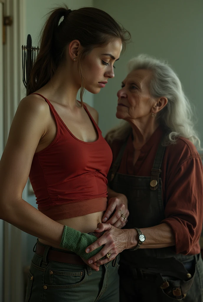 Create a photo of a 30 year old young woman, with long light brown hair tied in a ponytail with a lock of hair over her face, slender and beautiful body, wearing red sweatpants and an open black shirt without a  with  , with white and light skin being beaten by an elderly black lady with dark skin, obese, did, lowrise, with short hair who is wearing a blue dress and glasses 