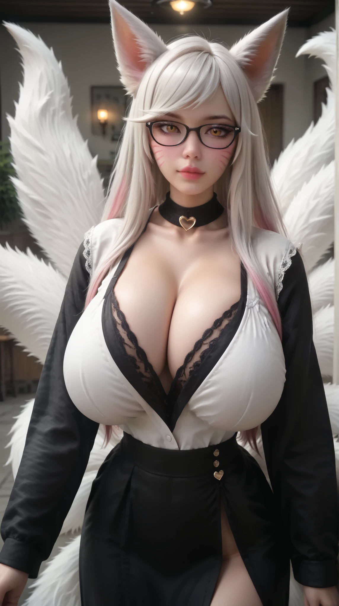 Full body Photo, full-length portrait of extremely perfect quality, front view, head-on view, front view, Standing straight, Facing front, well-lit face, slim heart-shaped face, extremely detailed body details, very perfect eyes, ultra realistic eyes, Two-colored eyes, Heterochromia iridis eyes, surreal, 1 girl, nine-tailed fox girl, Girl White hair, side-swept bangs, Angled bangs, Red and white highlights hair, Ahri, (Ahri (League of Legends)), Girl standing in a seductive pose with her body slightly leaning forward to highlight her sexy big breasts with deep cleavage, 1.6 meters tall girl, 2 arms hanging down, looking straight ahead, Balanced face with a slim pointed chin, " sharp, slender chin ", Heart-shaped lips, Perfectly symmetrical lips, slim lips, Smirk, Not blindfolded, Super detailed face, super detailed body, Standing posture always facing forward facing the frame, don't turn your body to the right and left, Wearing black glasses, legs spread wide, Close mouth, Venus body, huge breasts, Gigantic Breasts, huge butt, Gigantic Ass, bubble butt, ass bimbo, super small waist, sagging breasts, Extremely detailed super large slanted eyes with thick eyelids, long eyelid tail, Huge double eyelids, "Create big, beautiful, and captivating eyes" , High slim nose, slim nose bridge, small slim nose wings, smaller nasal septum, fine nose, Narrow nostrils, Thin wings of the nose, slim nose wing, high nose tip, hourglass figure, Anatomically correct body details, sexy bare legs, Full body front view portrait of a girl wearing glasses, wearing a white one-piece wedding dress with sheer floral lace that shows off her alluring Belly and large breasts with deep cleavage, huge sexy thighs, huge breasts, deep cleavage, " The girl experiencing a surge of pleasure and arousal, with the fluid from her vulva splashing outside ", No vaginal discharge sticking to the chest, Nature background or indoor background or Post-apocalyptic background or monochrome background.