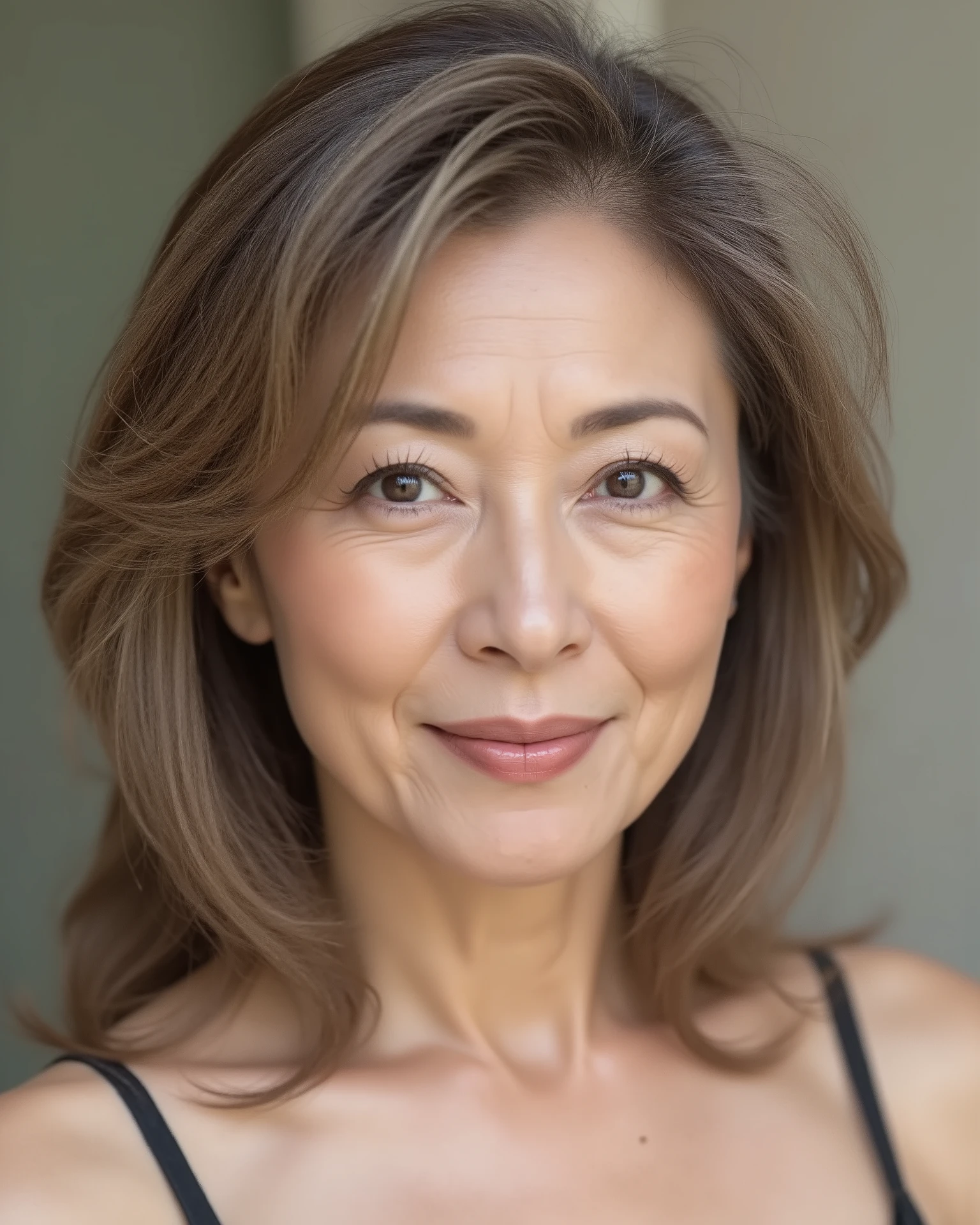 Japanese mature woman, solo, seductive aura, sensual expression, elegant and confident, soft lighting, visible wrinkles around eyes and mouth, natural aging signs, age 80s, realistic skin texture, slight sagging skin, high detail, photorealistic, studio portrait, age-appropriate hairstyle, natural look