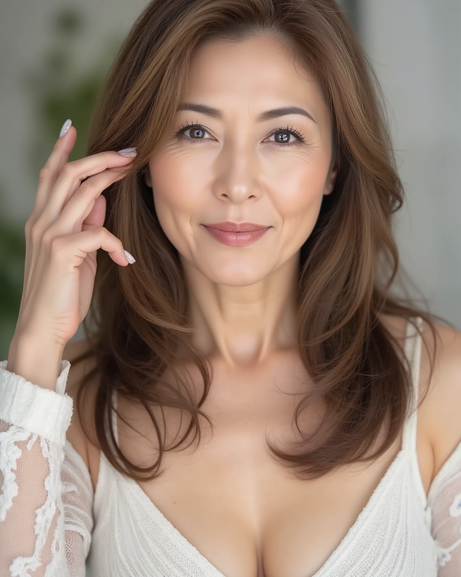Japanese mature woman, solo, seductive aura, sensual expression, elegant and confident, soft lighting, visible wrinkles around eyes and mouth, natural aging signs, age 80s, realistic skin texture, slight sagging skin, high detail, photorealistic, studio portrait, age-appropriate hairstyle, natural look