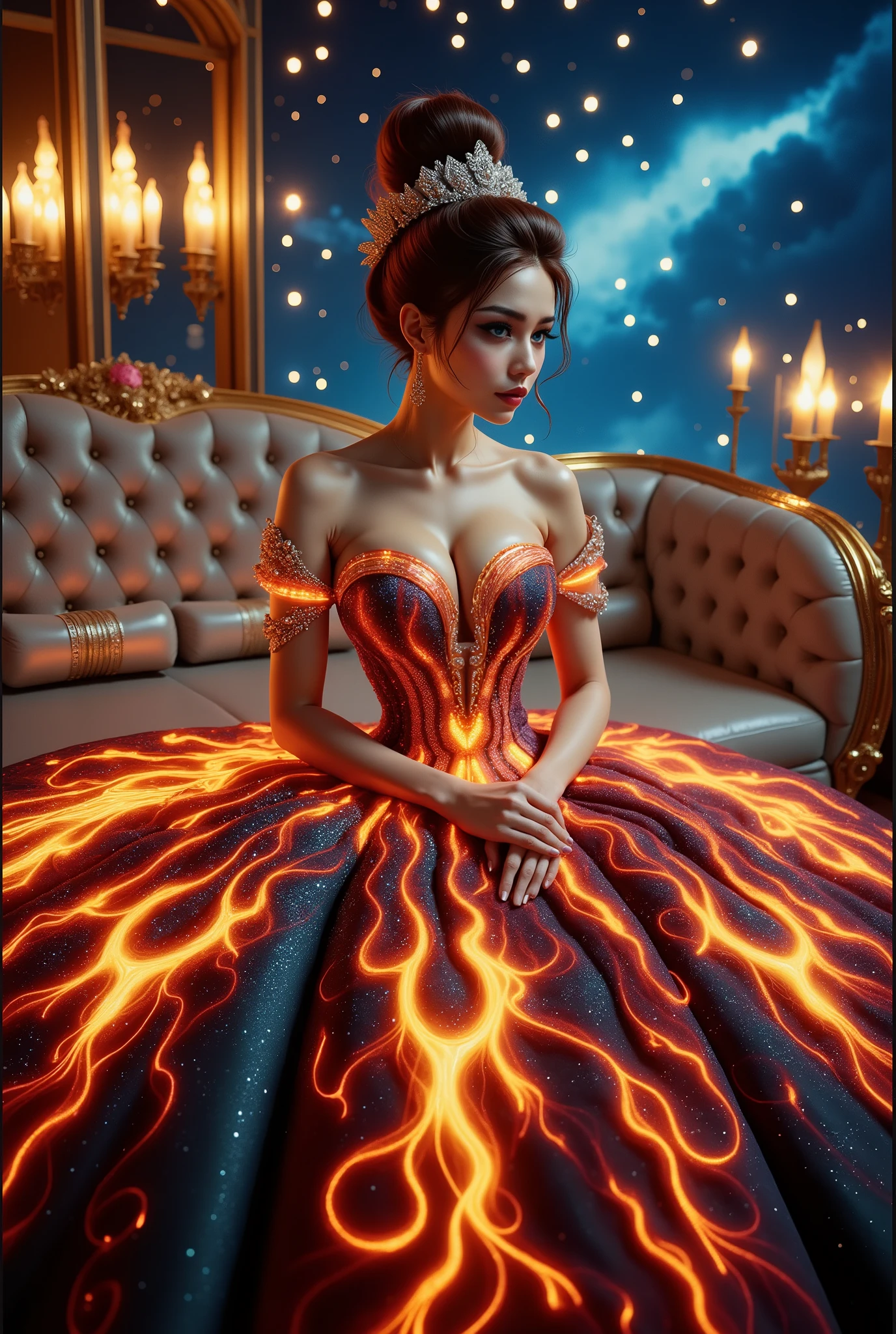 A beautiful Asian idol girl with white skin, douyin-style makeup face, eyelashes, With fake giant breasts, blue eyes, shiny body, wet body, wearing a tight strapless dress that presses the breasts, with a sexy and slim body, a small waist, flame dress, Shiny clothing, metalic stell clothing, sitting in space, UHD, luxurious dress, a dress decorated with pearls, diamonds, jewels, and flowers, a dress emitting light, the most elegant and extraordinary dress, a fantasy dress, a beautiful digital artwork, a beautiful fantasy empress, wearing a strapless dress made of beads and carbon fiber, a photo with very sharp details, the best quality: 1.2),, (8k, high resolution, RAW photo, realistic, photo-realistic: 1.3), (detailed skin texture, detailed fabric texture, detailed element texture, exquisite detailed face: 1.25), professional lighting, photon mapping, beautiful soft light, radiosity, physically based rendering, raytracing, model shooting style, model shooting style, (highly detailed 8k unity CG Wallpaper), the most beautiful artwork in the world. (Body Navel) (chest push up) (nipple).