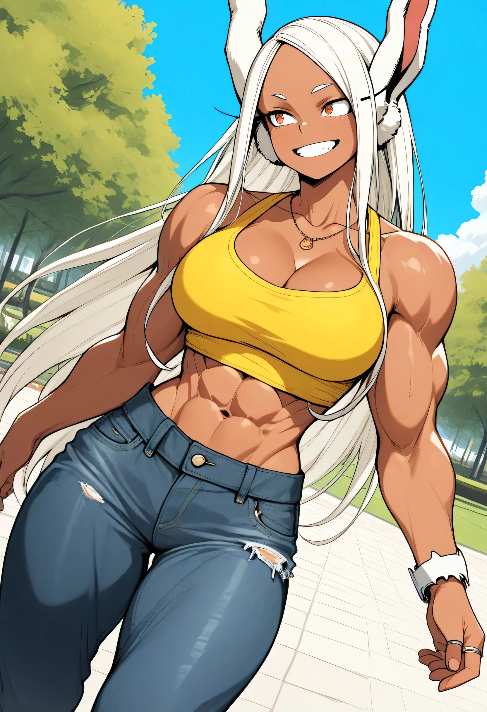 1girl, dark skin, muscular female , rabbit ears, dark-skinned female, breasts, animal ears, mirko, abs, long hair, solo, muscular, rabbit girl, navel, bare shoulders, toned, white hair, large breasts, smile, collarbone, Jewelry, cleavage, bracelet, ring, necklace, pants, denim, Park, sunny day