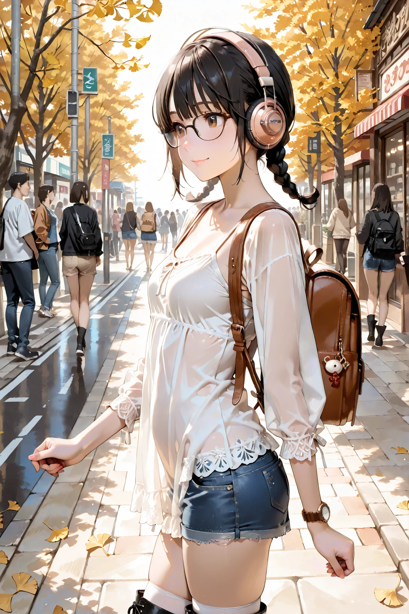 (masterpiece, detailed:1.2) japanese beauty, 8K, Highest Quality, Pictureのような写実性, ultra high res, Picture, 美しい日本出身の女の子のPicture, very beautiful girl in the woods near the sea, bright cheek highlights, cute and beautiful face details realistic, Masterpiece, super definition, Detailed, detailed face, Detailed Eyes, smooth porcelain-like skin, cheerful cheeks, Clear Eyes, Japanese, 1 girl, 20 years old, round face, Small build, small tits, dark haired, short braids, brown eyes, black rimmed glasses, (white long sleeve see-through shirt, White Camisole Mini Dress, denim shorts, white knee-high socks, black short boots, headphones for listening to music, Brown Small Backpack, Women's Wrist Watch, Street, Standing Colors々Also, the store , People passing by々Flock of), Walking Well During the Autumn Daytime , Natural Sunlight, Ginkgo Street Tree, portrait of a girl, Outdoors, Side View,
