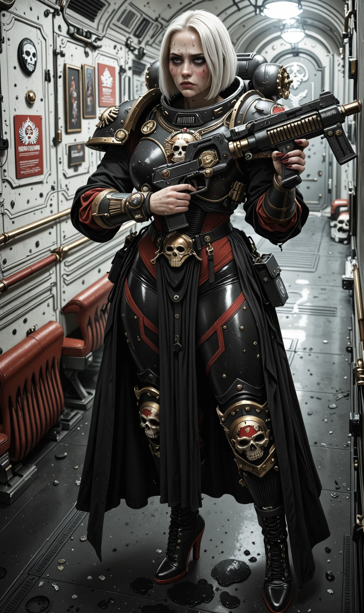 Important (Argenta from game Rogue Trader, 30 year old battle sister, thight high boots, red and black long coatt, black armor, black uniform, warhammer 40 000 theme):
Scene (space ship corridor):
Character Face (sad look, sad, sleepless, goth makeup, face scars):
Character Body (pale skin, oiled ill skin, sweat skin, wide hips, thin waits, thick thights, extreamly long nails, huge tits):
Character Hair (white, shirt bob, straight white hair):
Character Clothes (high heels, red and black steel armor, long cut dress, long high boots, high heels, backoack, harness, betls, skulls detailed ornaments):
Character Action (standing, holding bolter gun):
View (full body):
Scene light (strong, lighting, emphasizing curves):
Color tones (rich and vibrant colors, warm tones, saturated, contrasted):
Image quality (illustration, photography, 8k, super detail, best quality, 8k, high details, anatomically correct, masterpiece, highres, best quality, award winning, high quality, high details, super detail, erotic art, pin-up, glamour, fine art photography):