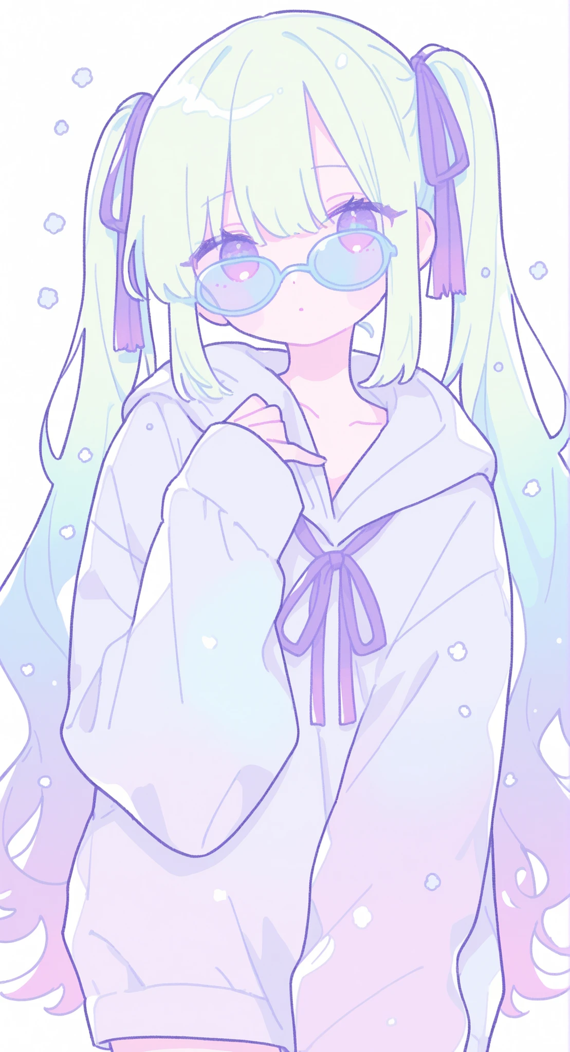 pastel color 服, Oversized Hoodie, ((purple ribbon on sleeves:1.2)), cute, big ribbon 、Boro-Yado's Long Hair, 薄紫から薄greenへのグラデーションヘア, wavy hair, purple gradient eyes, Delicate Lash,beautiful bust、Moderate tear。若いwomanhoodのアートワーク。womanhood、drawn facing the side of the upper two-thirds of the shoulder。In the head、iridescent Gradient ribbons are attached on both sides。wearing bright green sunglasses。womanhood、smokes 。The hair is bundled into twin tails。Yan、kind expression。Slender build。The white background is a Japanese girl wearing a sailor suit、womanhoodに焦点を当てるように構成されています。この作品wholeは 、 pastel color 、With delicate hands。Pale purple、green、Pink, wait. The color creates a soft atmosphere。The light source is 、tilts slightly to the left from the top of the image、womanhoodの髪と衣服に自然な影と光沢を与えている。 whole、the attitude is slightly bad、A little lonely、or has a dreamy vibe。