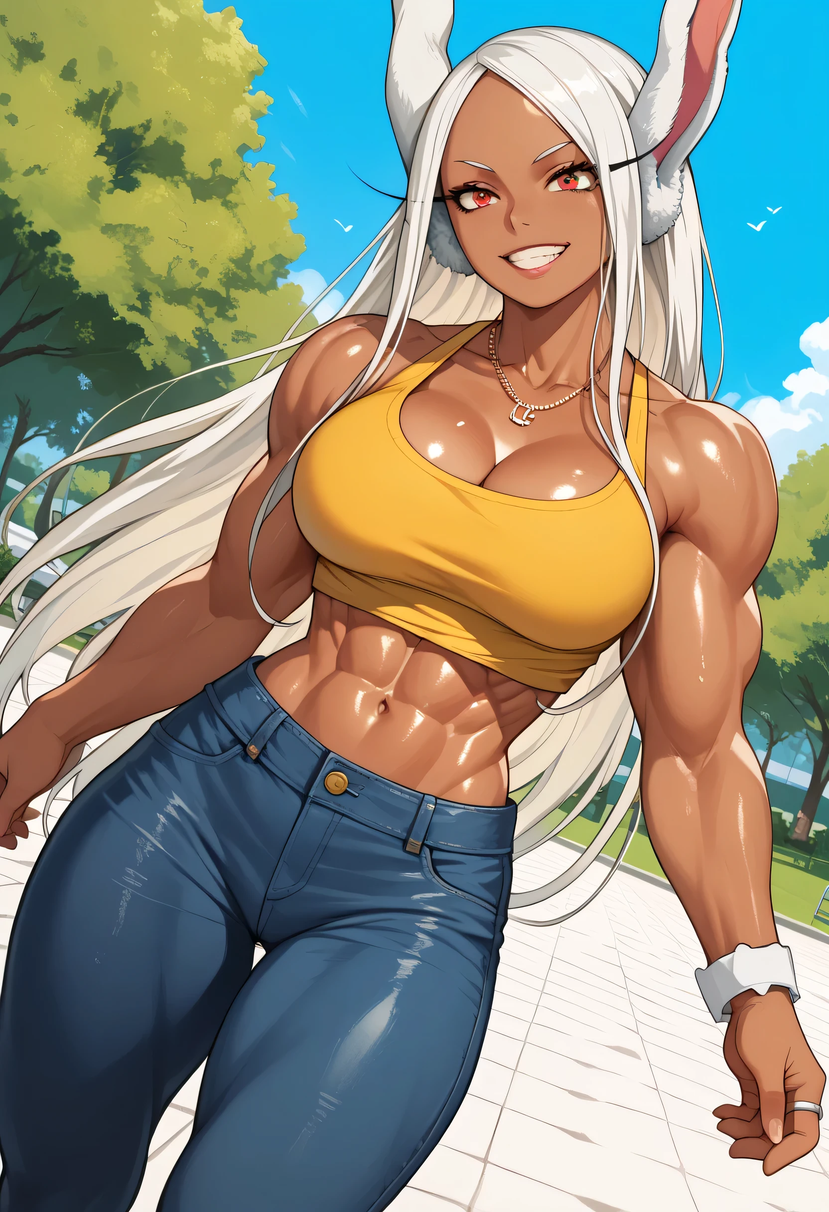 1girl, dark skin, muscular female , rabbit ears, dark-skinned female, breasts, animal ears, mirko, abs, long hair, solo, muscular, rabbit girl, navel, bare shoulders, toned, white hair, large breasts, smile, collarbone, Jewelry, cleavage, bracelet, ring, necklace, pants, denim, Park, sunny day, ((shiny skin)), ((glossy skin))