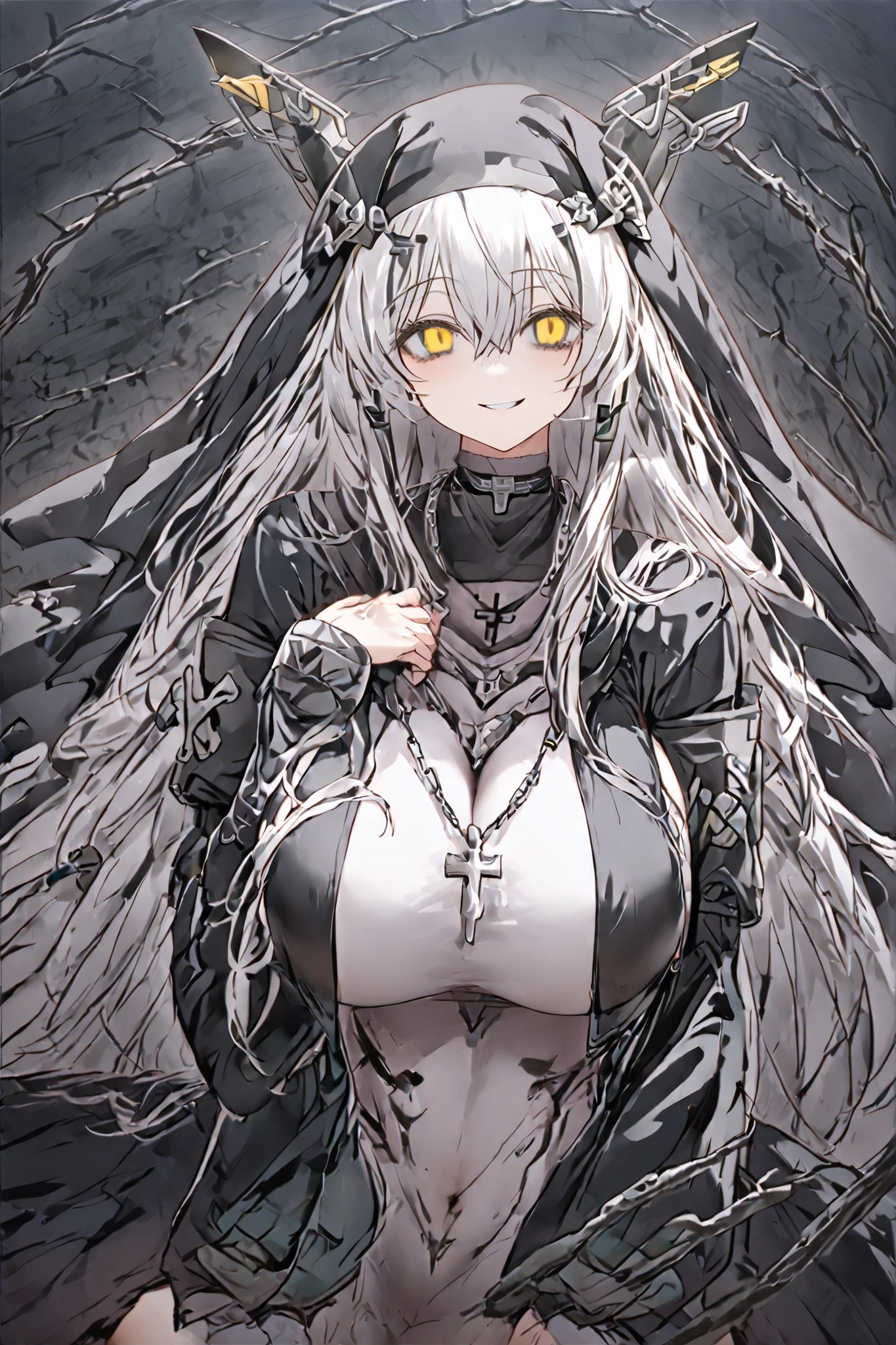 womanhood、high school students、(empty eyes, long hair,yellow eyes、Unkempt silver hair、headgear) 、((Corruption,huge breasts、nun、Healing the soul、headgear、black raincoat、android、Gently、smiling、very cute、))、anime style、Looking Over Here、directly in front of the composition、high image quality、High Quality、1girl、solo