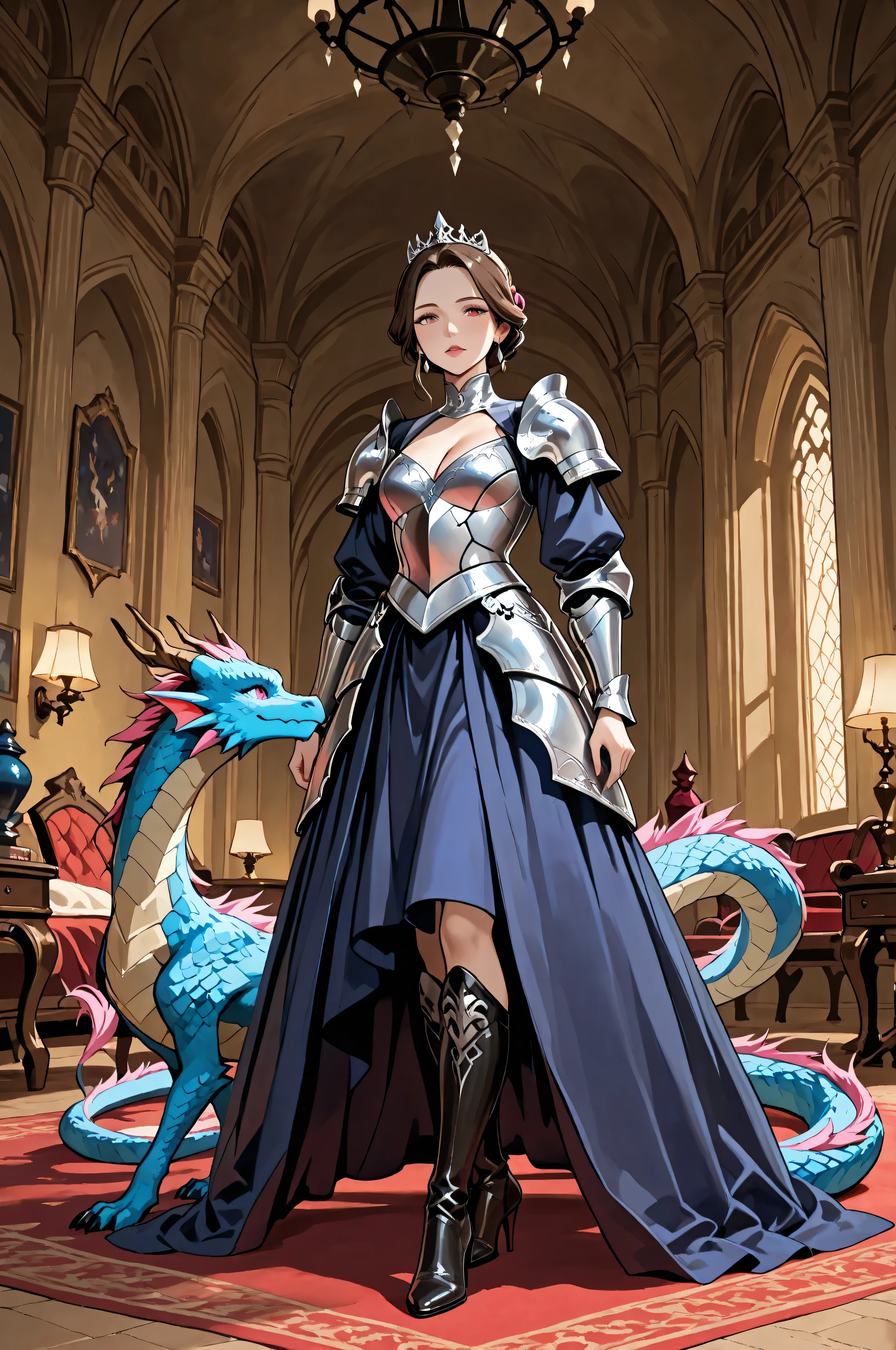 aidmaMJ6.1,femillustration,there is a mature woman playing with a small dragon, she wears armored dress, small cleavage, high heels boots, BREAK small dragon, playful dragon, multi colored dragon, fantasy room of a palace background,