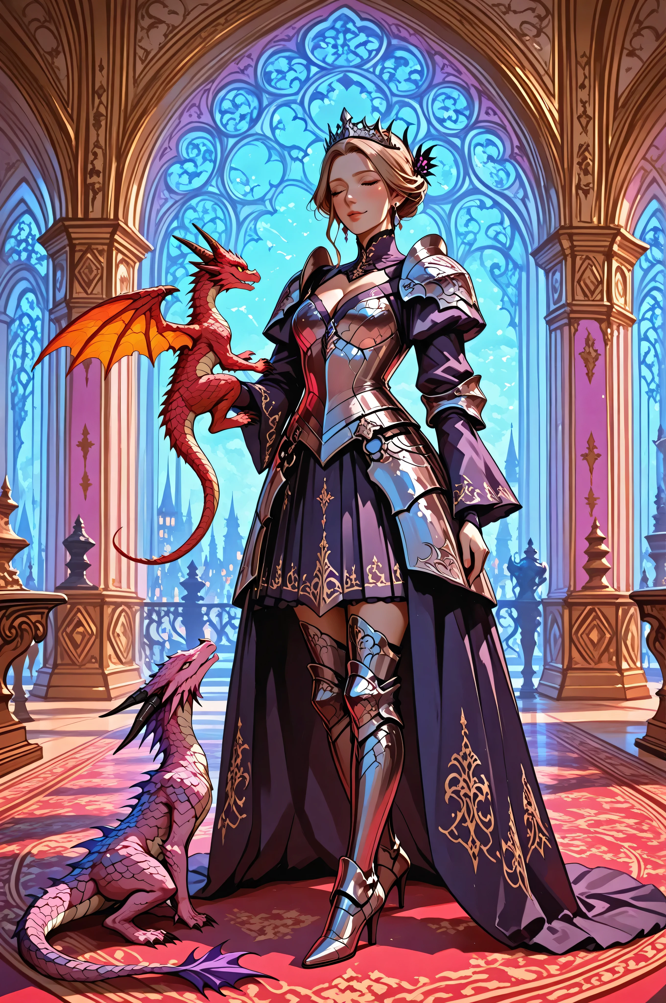aidmaMJ6.1,femillustration,there is a mature woman playing with a small dragon, she wears armored dress, small cleavage, high heels boots, BREAK small dragon, playful dragon, multi colored dragon, fantasy room of a palace background,