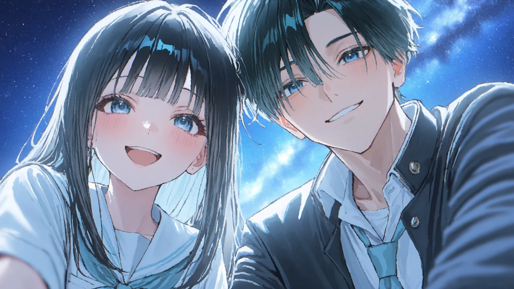 1girl, 1boy, School uniform, Pastel tones, black haired, dreamy and emotional atmosphere, illustration style, night, blue light , Moonlight Girl, Moonlight boy, cute face with bangs, night 배경, moonlight background, milky way background, couples, smiling expression, Illustration showing up to the upper body, couples 외 추가물 없음