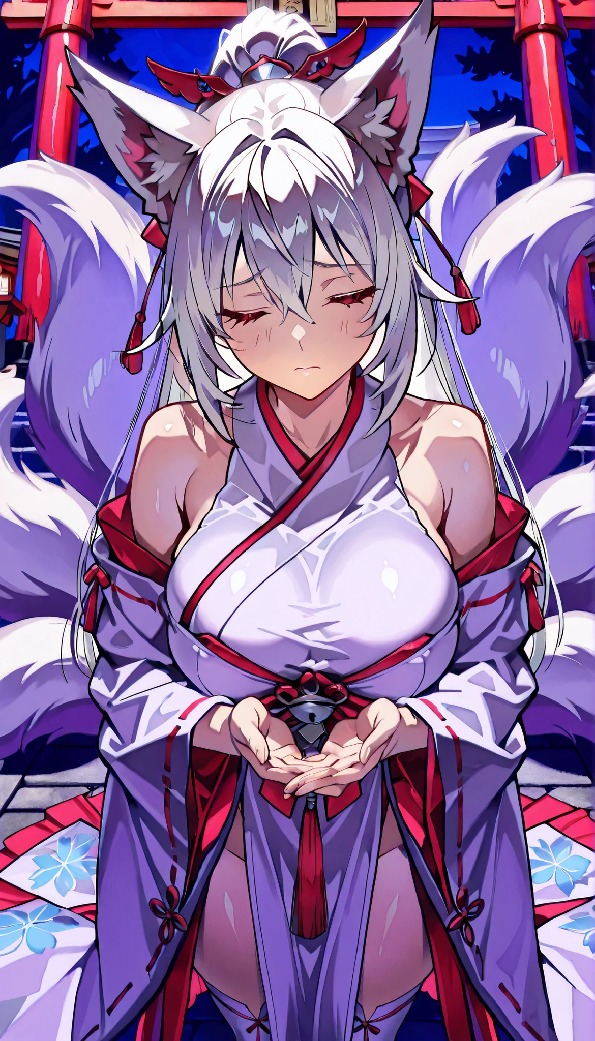 ((masterpiece)), Highest Quality , super detail, high resolution, Extremely Detailed CG Integrated 8K Wallpaper,HQ_HDR, (BIG BREASTS), (Extremely Attractive Nine Tails ), Foxの耳, Fox' s Tail, (Delicate fabric, Well Designed Shrine Maiden Outfit), (Delicate fabric, Japanese style high knee socks with excellent design), (Touch your mouth lightly with both hands, ), Beautiful breasts with a nice shape,Long hem、繊細な金My hair , My hair ornament, ponytail, high resolutionの美しい顔, ( Attention to Details :1.4) Beautiful red eyes with every detail , ( Fine skin,My hair ), (((Head angle ))), cowboy shot, (midnight, dark)), shrine torii,sad,eyes closed