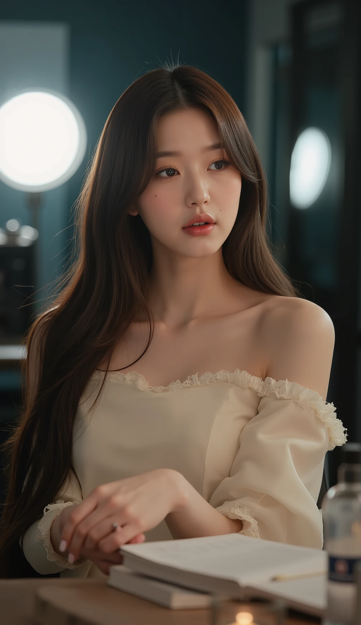 super high quality, masterpiece, Ultra High Resolution Realistic, RAW Photos, 16k、32K, Ultra high detail,Very detailed, (((20 year old:1.7))),((One sexy Korean women:1.5)),((One beautiful women:1.5)), 、(Ultra detailed face, 目 and mouth、Woman with super detailed eyes Realistic textured skin、(((Balanced athletic build))) 、((Light brown long hairstyle:1.3)) (night time)( cinematic and candid behind-the-scenes photograph, ultra-realistic, shot with an 85mm lens for a beautifully compressed, intimate portrait. Jang Wonyoung is seated in a makeup chair in a brightly lit, professional film studio. She is in a state of quiet pause between takes for a luxury cosmetics CF shoot. She is wearing an elegant, off-the-shoulder, cream-colored silk blouse provided by the wardrobe department. Her hair and makeup are absolutely flawless, camera-ready perfection—dewy skin, soft smoky eyes, glossy lips. However, her expression is not the bright, commercial smile for the camera; it's a soft, unguarded, and introspective look. Her gaze is distant, lost in thought, as if her mind is a million miles away. One hand, with perfectly manicured nails, rests delicately on a nearby table, next to an open script and a bottle of water. In the soft-focus background, the chaotic but professional environment of the film set is visible: blurred silhouettes of crew members, C-stands, and the intense glow of a large key light panel, highlighting the stark difference between the machinery of the shoot and her quiet, internal moment of peace.