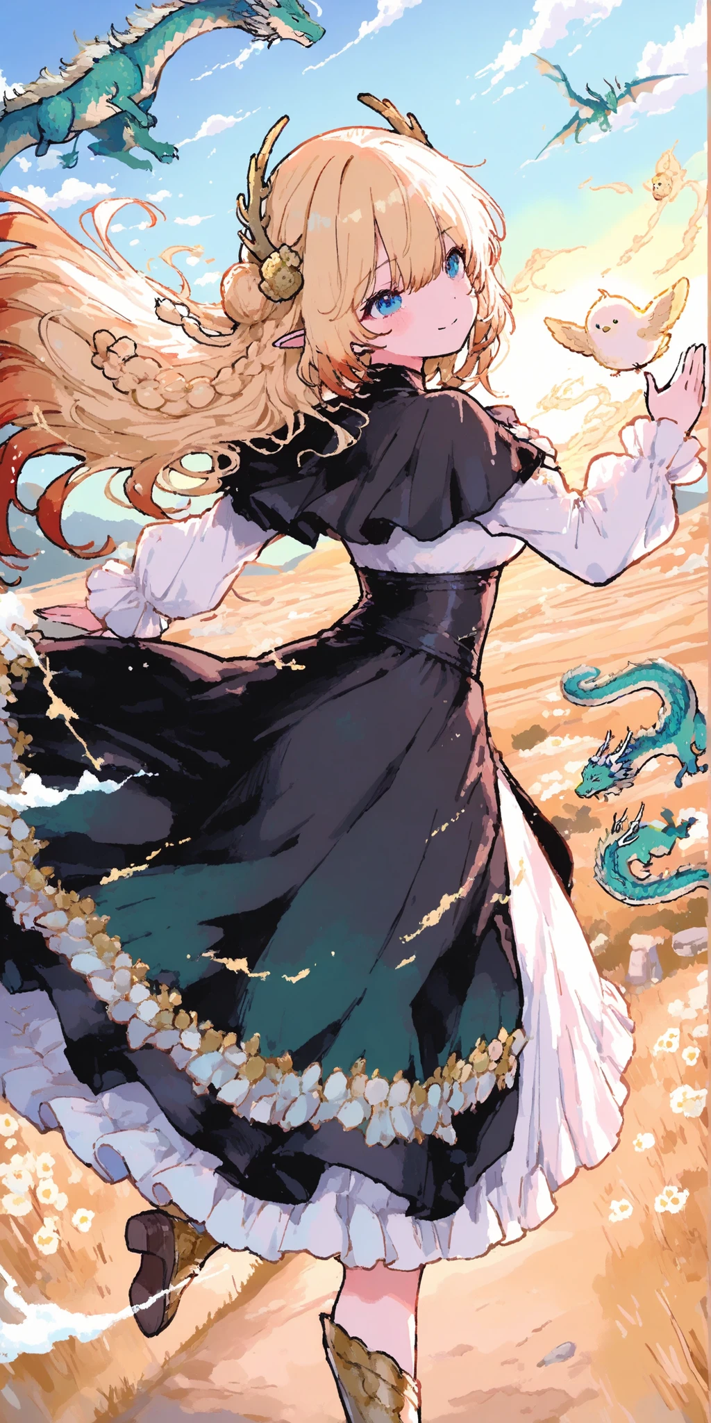 Prairie,Dragon and girl,1girl and many dragons,A girl is taking care of dragons,,Action,dynamic,Anime Chick,masterpiece,Highest Quality,great quality,very beautiful,Newest,