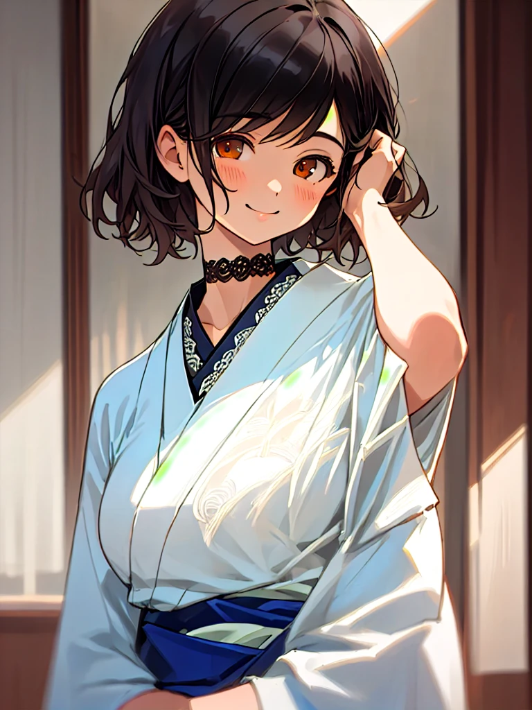 (((masterpiece, best quality, ultra highres, 1 girl, solo, no background))), super detailed skin and face and eyes and finger, beautiful japanese woman, small :1.5, skinny, light brown hair, white background, very short hair, (an illustration of girl), Knee shot, Generate with illustrations, Various expressions, Various poses, Various Costumes,