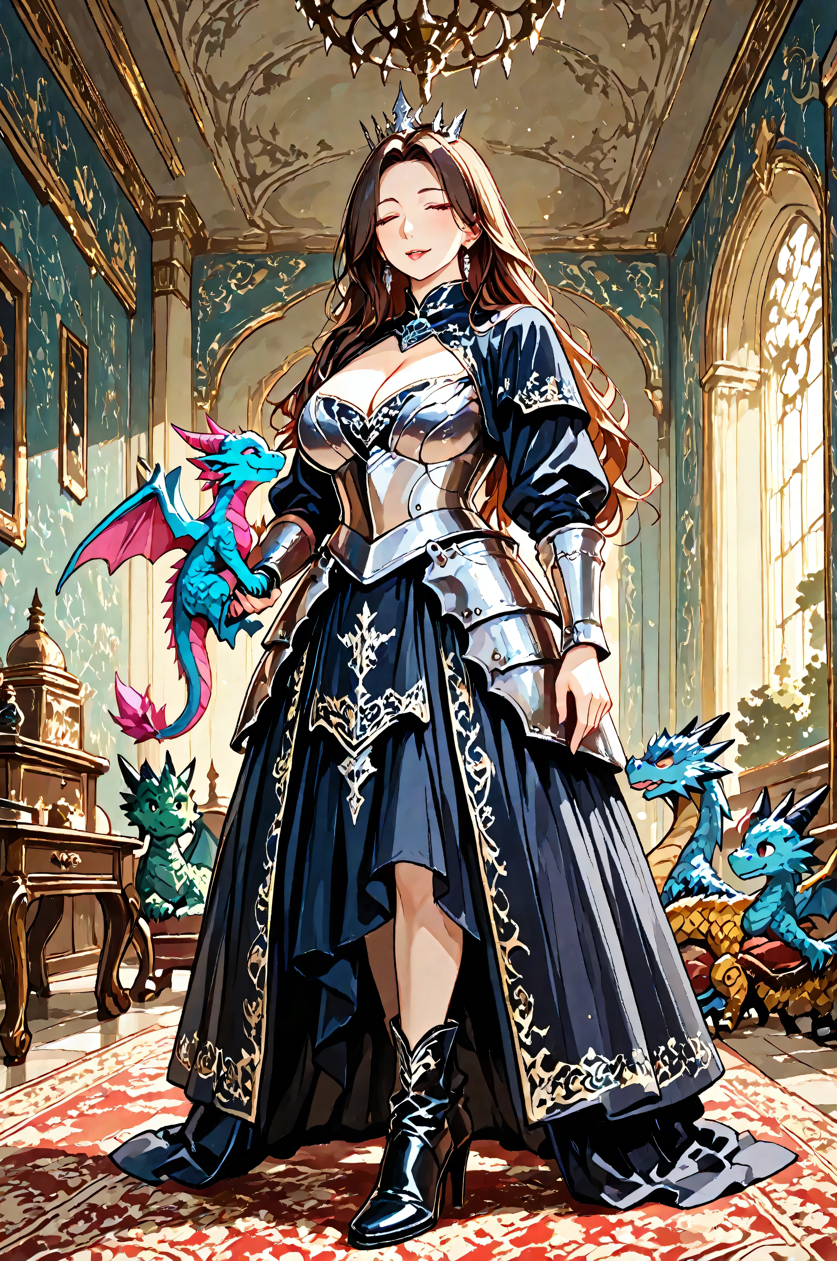 aidmaMJ6.1,femillustration,there is a mature woman playing with a small dragon, she wears armored dress, small cleavage, high heels boots, BREAK small dragon, playful dragon, multi colored dragon, fantasy room of a palace background,