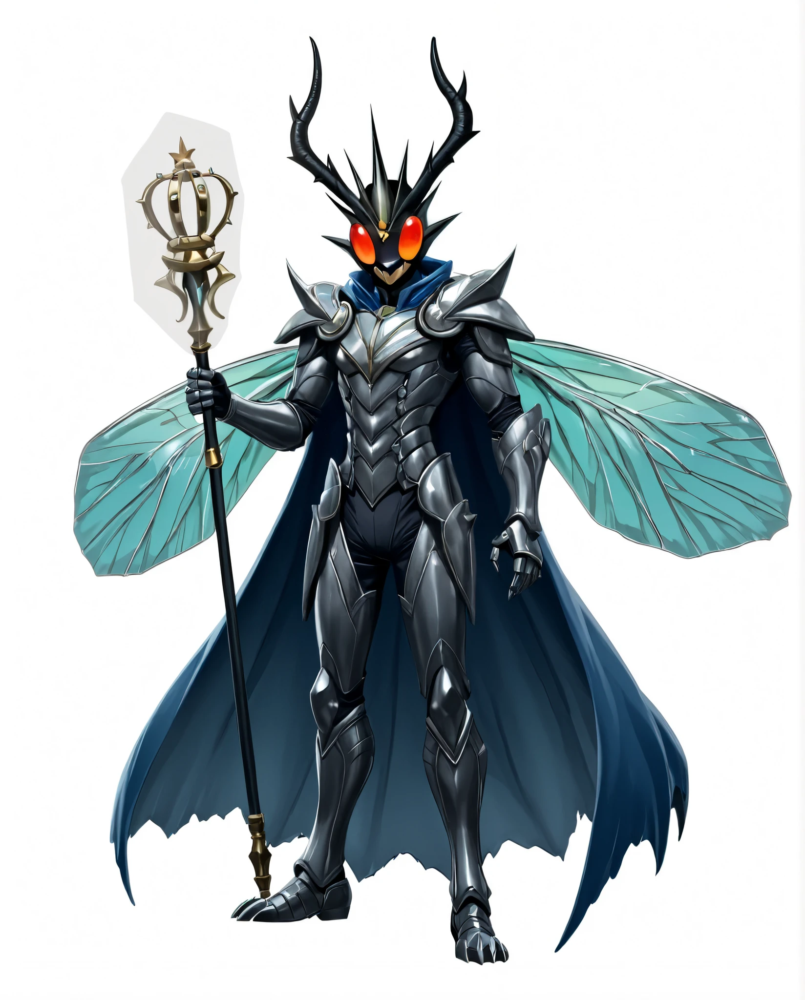 Demon King Beelzebub、fly face、Fly Man、male、 Demon King Beelzebub with a Scepter 、Silver Armor、Wings of Flies、Transparent Wings of Bugs、solo、Full Body、without background、masterpiece、Highest Quality、anime style