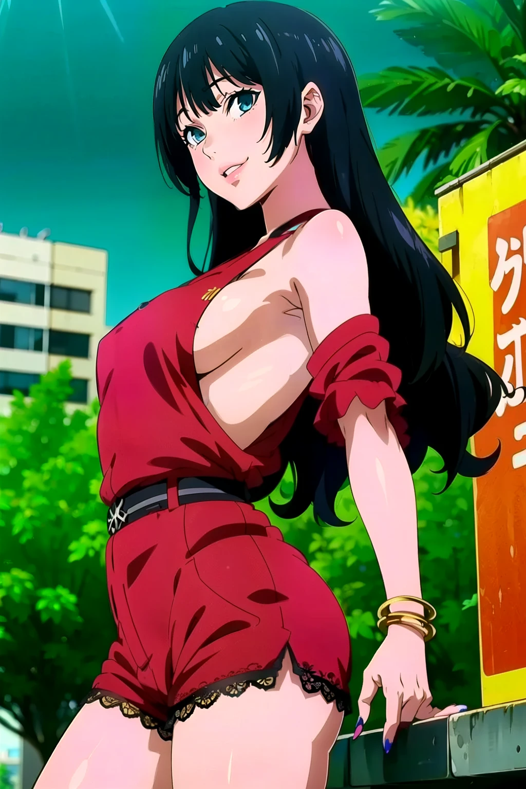 (masterpiece, best quality, high resolution, 8k:1.2), (anime coloring, official art:1.3), highly detailed CG Unity 8K wallpaper, perfect Lighting, colorful, bright_front_face_lit, shiny skin, high resolution, 4k, Super detailed, photo shoot, 8K, HDR, High resolution, (disorganized:1.2), kodak portrait 400, film grain, blurred background, (Bokeh:1.2), Lens flare, (lively_color:1.2), (perfect face, perfect eye), perfect body,  beautiful body, beautiful skin, beautiful breasts, beautiful legs, beautiful hands, beautiful face, beautiful eyes, symmetrical eyes, (1 girl), (realistic face:1.2), (smile), (natural lips:1.2), (slim, lanky), (small breasts:1.3), (tanned skin:1.1), (gal makeup, false eyelashes, pink gradient eyeshadow:1.2), (long hair), (wavy hair:1.3), (fingernails, nail polish), ((red knit, halter neck, (lace:1.2), sleeveless, off shoulder, (sideboob:1.3), arm, (navel:0.5), shorts), bracelet, jewelry, boots, gal fashion), (japanese city, shibuya city, day, blue sky), (cowboy shot:1.2), smile, (looking at viewer), dutch angle, subtle fine shimmer, seamless blend, two-tone layered eyeshadow technique, 