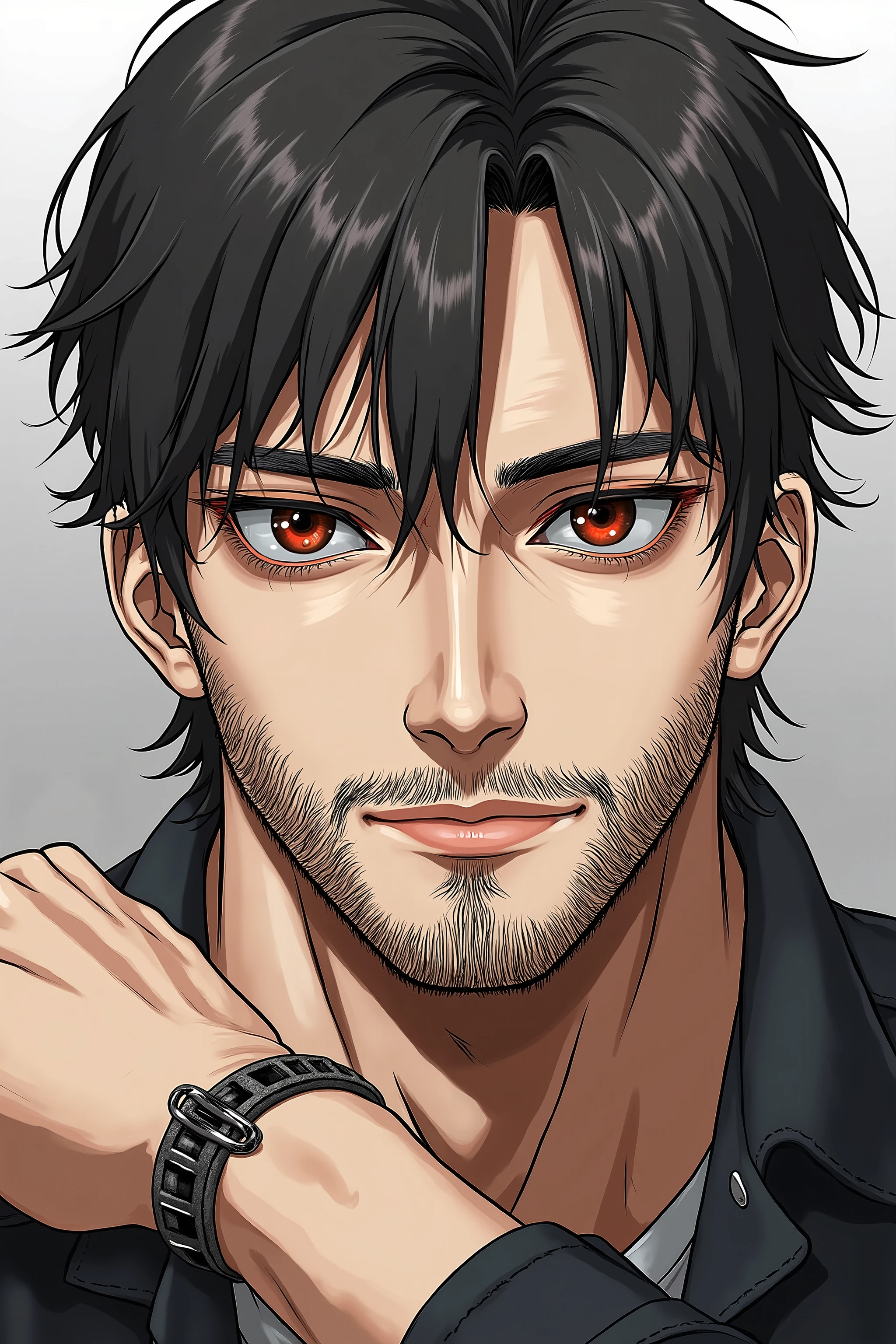 🌟:Meisterwerk, detailed anime portrait, focusing on facial expression and emotional depth.
🌌:neutraler, slightly blurred background, that completely reveals attention directed to the face, sanftes, diffuse light accentuates facial features.
😈:ein schlanker, sinewy man with disheveled dark hair, beard growth on sharply cut cheekbones and reddened brown eyes. delicate leather straps with fine iron rings are visibly attached to a wrist.
🔥:He looks directly at the camera, ein gezwungenes, slightly painful smile is on his lips, his eyes reflect tiredness and deep melancholy, the mood is heartbreaking and full of inner conflict.
💋:Ein detailed anime portrait eines schlanken, sinewy man with disheveled dark hair, Beard growth and reddened brown eyes, who looks directly at the camera with delicate wrist jewelry and a forced smile with shows melancholy expression.