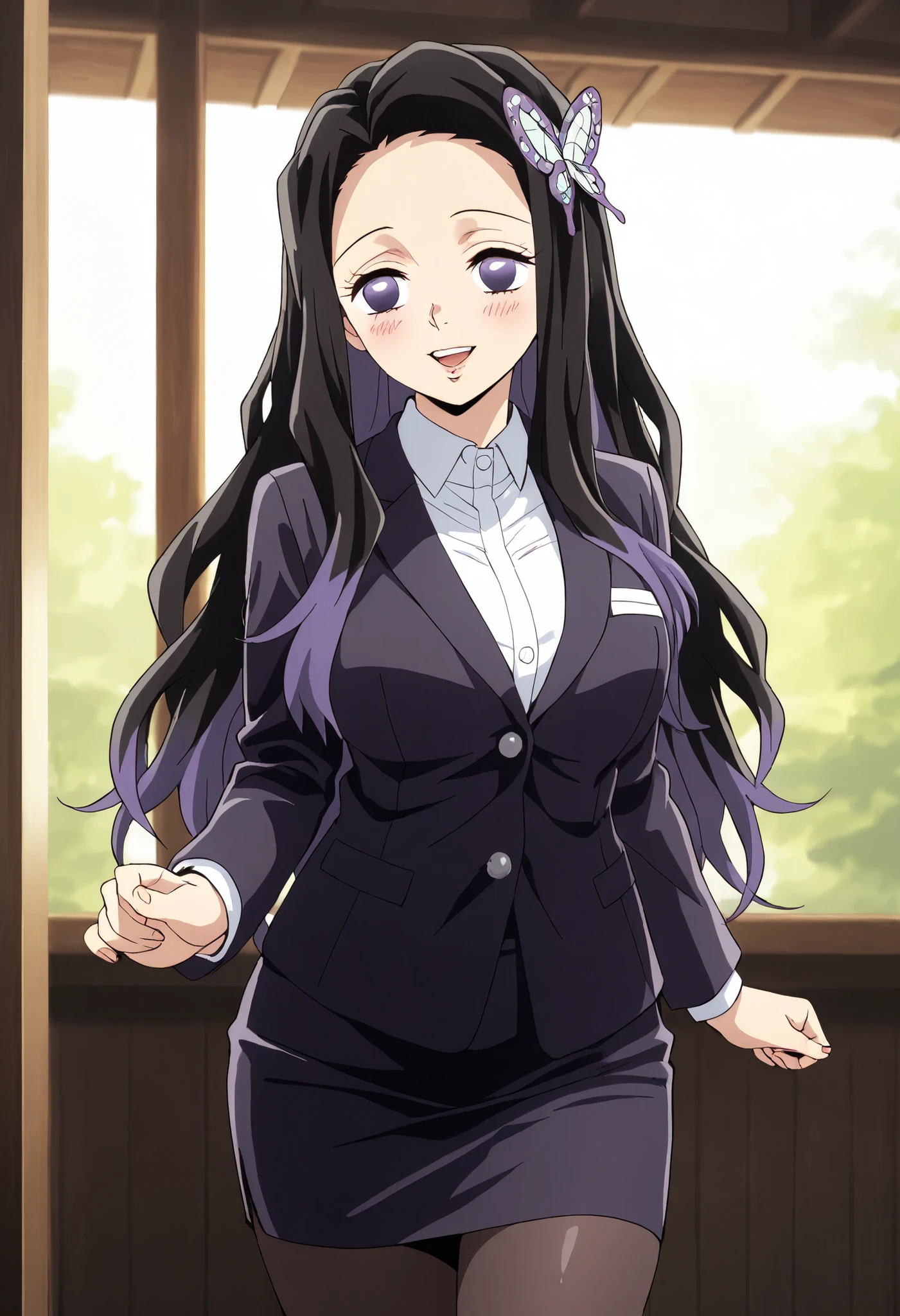 Shinobu Kocho, black hair, butterfly hair ornament, forehead, degraded hair, hair ornament, multicolored hair, split bangs, by the red, long hair, bicolor hair,line of motion、demon slayer、 colored anime 、mature woman、 Masterpiece、 high quality、 high quality de imagen、 pretty finger 、 detailed face、blush、eyes open , attractive look 、work uniform, collared shirt, suit, long sleeves, pencil skirt, pantyhose,rouge lips ,open mouth, morning perfectas,smile, Body, day, butterfly hair ornament, cowboy shot