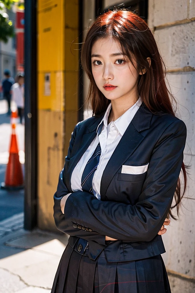 A 20-year-old woman wearing a skirt suit, She is the most beautiful actress in the world., Her detailed face, The perfect balance of her body, She is wearing a tight fitting blazer skirt suit with a shirt on her upper body., The perfect shape of her covered breasts, The shirt skirt is wearing  on the lower half of the body.,  between  legs under short skirt,  are slightly visible, She is standing, On the city streets, Browsing Caution, Highest quality, Very detailed, Ultra-high resolution, Photo Real, masterpiece, 8k