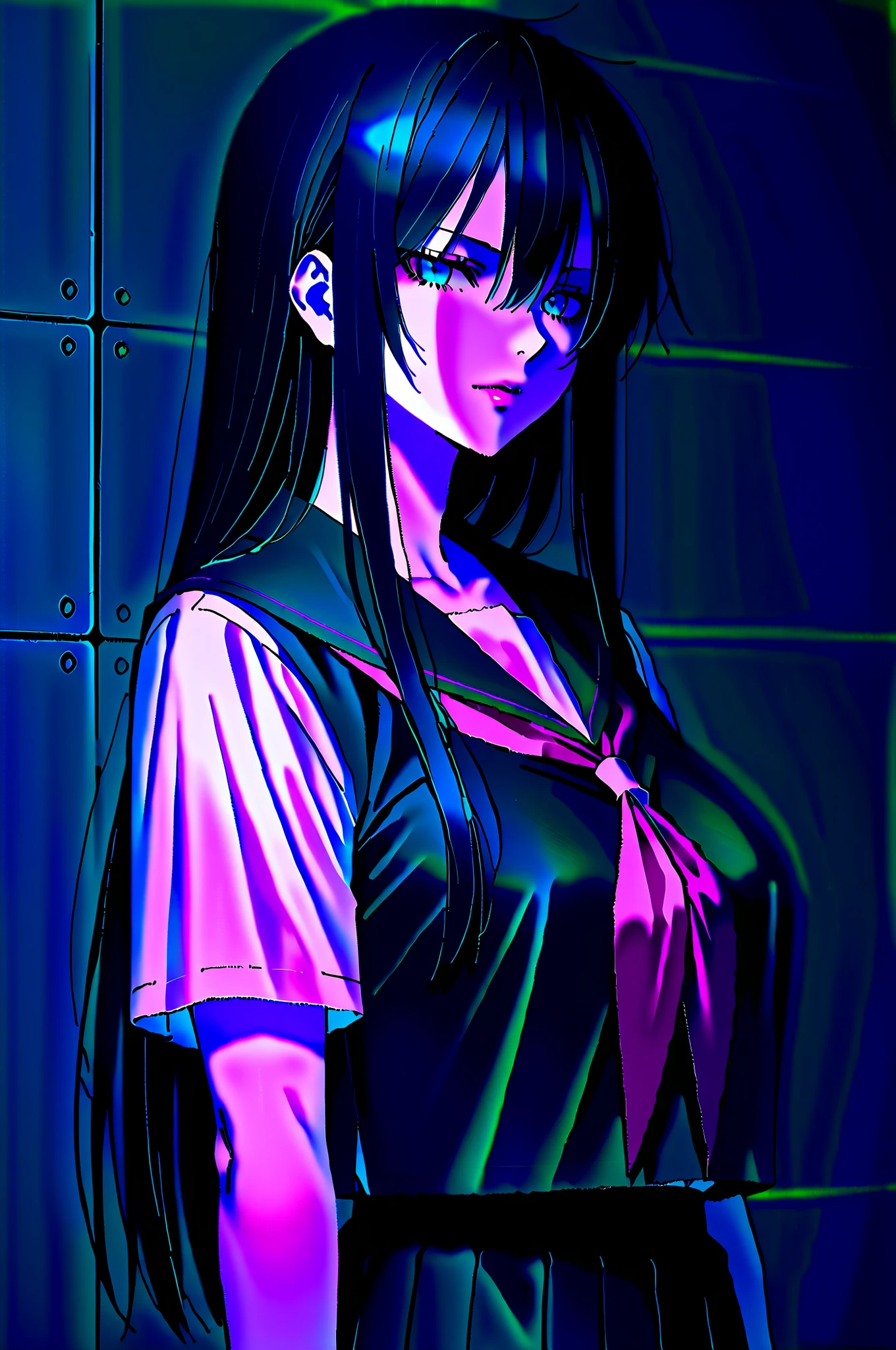 1 girl、Rainy Alley、neon light、cigarette草を吸っている、 wet dark hair、drop、wet clothes、cigarette、night、Urban Scenery、cyberpunk、Reflective Puddles、Blue and Pink Neon Light、dark atmosphere、contrast between light and shadow、lonely expression、medium shot、Water Drop、misty air、Wet Ground、 Glowing Sign 、Alley wall、All、dark tone、reflection of light、Feeling of Humid Air、Glamorous Light 、cigaretteが漂う、pale skin、The Sound of Rain、Particles of Light、nightの静けさ、繊細なcigarette、shiny surface、Brick wall、Deep Shadow