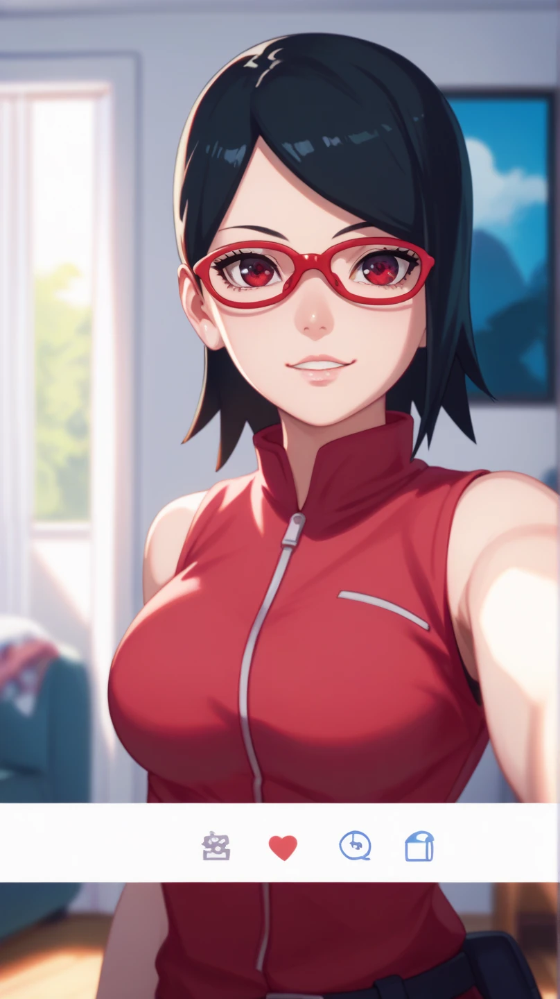 Sarada Uchiha, big , pov selfie, in the room ,Red sleeveless shirt, red glasses