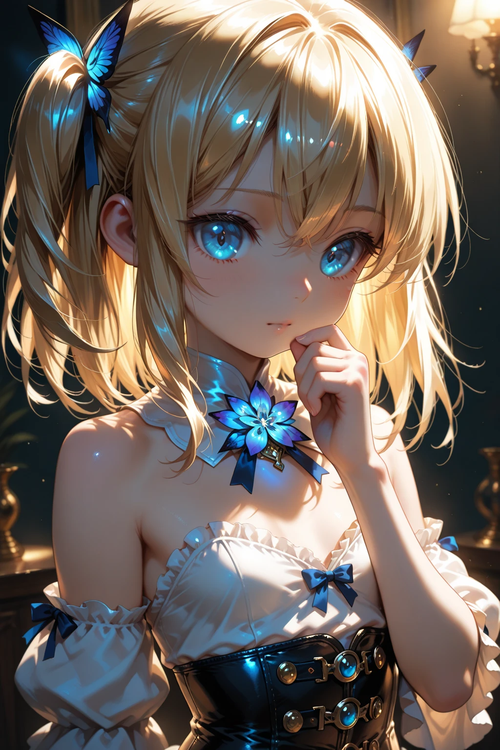 Best quality , masterpiece, Portrait、、Bright expression、ponytail、Young, shiny, white, glossy skin、Gloss Face、Shining Cheek Gloss、Small Face Beauty、The best beauty、The dazzling light of blonde hair、Bright blonde hair with dazzling highlights、Very beautiful shiny light blonde hair、super long silky straight hair、Her shiny, beautiful bangs are covering her eyes.、Sparkling, clear, attractive, bright, large, pale blue eyes、Very big eyes、eyeliner、very beautiful lovely cute 16 year old girl、Ample , upper body , smile , ((((white dress , ponytail ))))