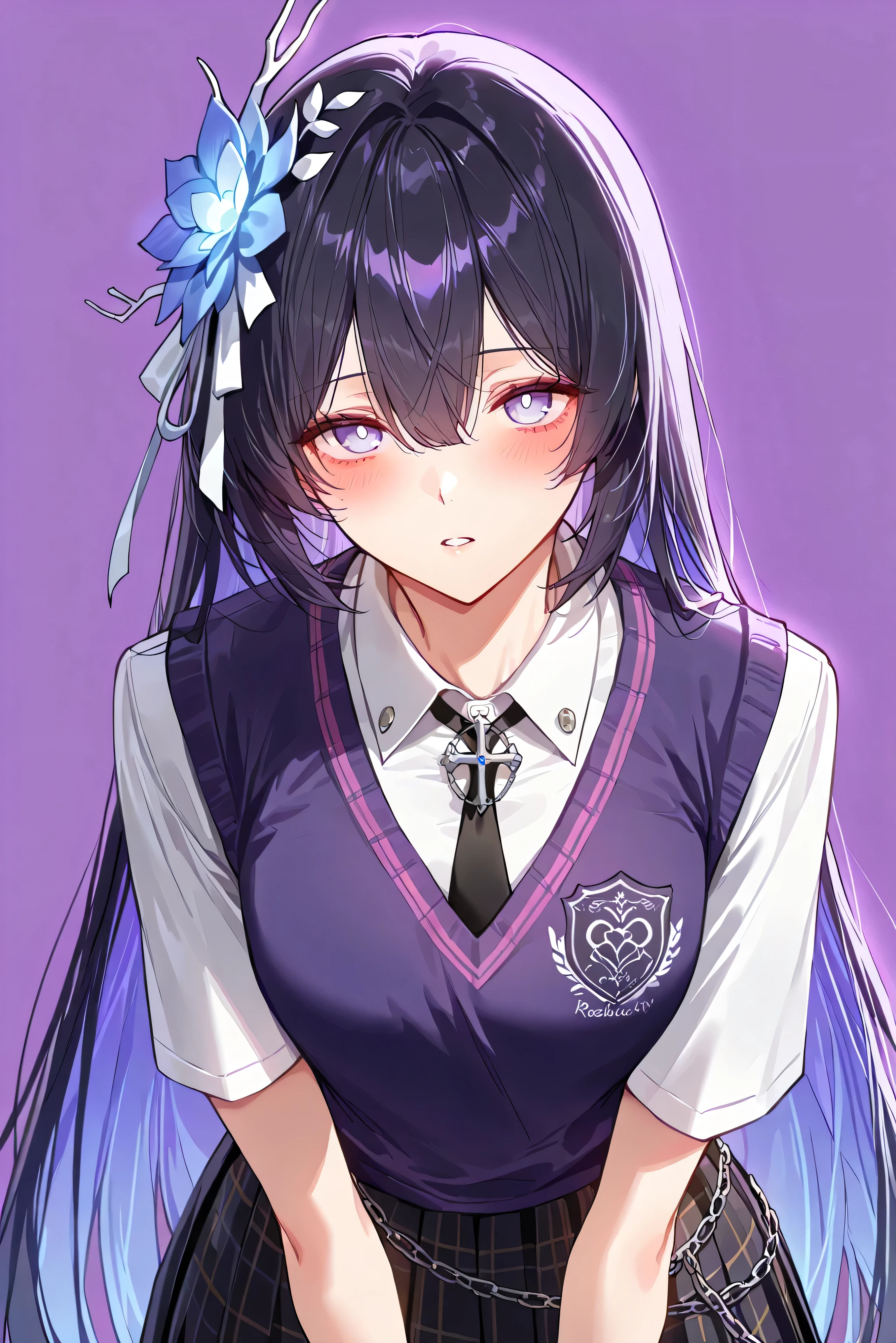 score_9, score_8_up, score_7_up, masterpiece, best quality, very aesthetic, absurdres, tunning image, attractive image, 1girl, adult grown woman, solo, seele vollerei (herrscher of rebirth), black hair, long hair, hair ornament, blue eyes, white pupils, small breasts, masterpiece,best quality,amazing quality, ero404, noona, alternate costume, school uniform, purple sweater vest, embroidered text "SAVIOR", white collared shirt, short pleated skirt, black and purple checkered pattern, edgy style, black tie with chain cross, layered look, safety pin accents, punk academic aesthetic, stylish streetwear uniform, rebellious vibe, clean background