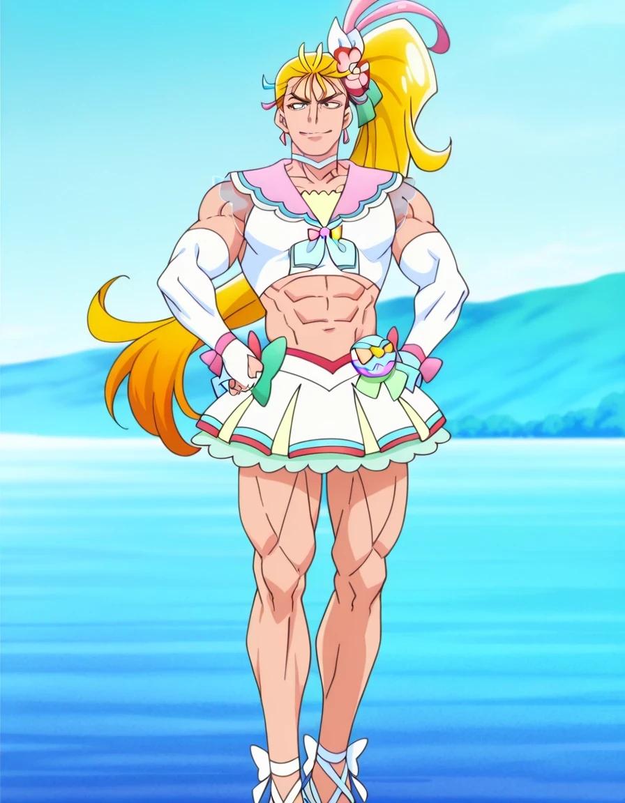 score 9 , score 8 up, score 7 up, source anime, masterpiece, Best quality, Best resolution, anime coloring, anime screencap, anime screenshot, official style, official art, 1boy, cure summer is a boy, Boy wearing a long wig with white crop top dress, solo, long blonde haired anime boy, pink hair, side ponytail hair, multicolored hair, two tone hair, streaked hair, gradient hair, blonde and pink hair, eyelashes, eyebrows, hair flip, 美しい天の魔道士, hair flower, jewelry, hair ornament, sea warrior, triangle earrings, background of a アニメ太陽, sunshine aura, flower hair ornament, anime boy is wearing a Belly button outfit, zodiac boy knight, white crop top dress, white arm warmers, white gloves, white sandals, white detached sleeves, elbow gloves, fingerless gloves, white choker, Portrait of a Zodiac boy Knight, lips, slender body, crop top with an white, boyish taste. アニメチンコ., sailor collar with an pink, white mini skirt, neckerchief with an pink, sunshine aura, green frills under the white mini skirt, cure summer outfit, tom boy style, a cheerful smile, separate outfit, battle outfit,male focus, bare shoulders, bare arms, bare legs, midriff, navel, abs, covered pectoralis major, stomach, biceps, biceps long head, biceps short head, triceps, deltoids, thigh muscles, hamstrings, adductor magnus muscles, (manly:1.5), femboy, (male body:1.5), crossdressing, (manly face:1.5), bulge underneath outfit,