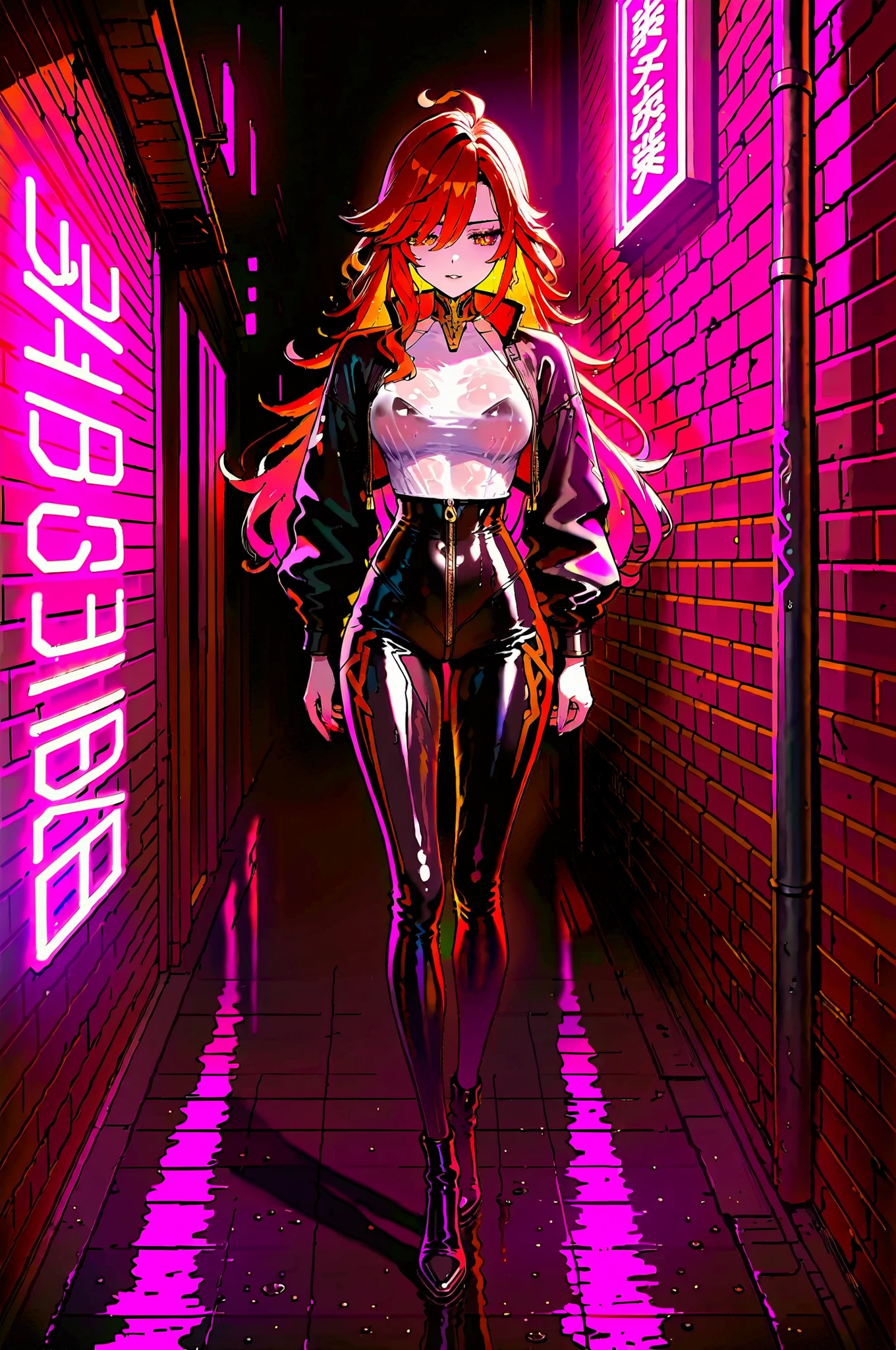 1 girl、Rainy Alley、neon light、cigarette草を吸っている、 wet dark hair、drop、wet clothes、cigarette、night、Urban Scenery、cyberpunk、Reflective Puddles、Blue and Pink Neon Light、dark atmosphere、contrast between light and shadow、lonely expression、medium shot、Water Drop、misty air、Wet Ground、 Glowing Sign 、Alley wall、All、dark tone、reflection of light、Feeling of Humid Air、Glamorous Light 、cigaretteが漂う、pale skin、The Sound of Rain、Particles of Light、nightの静けさ、繊細なcigarette、shiny surface、Brick wall、Deep Shadow