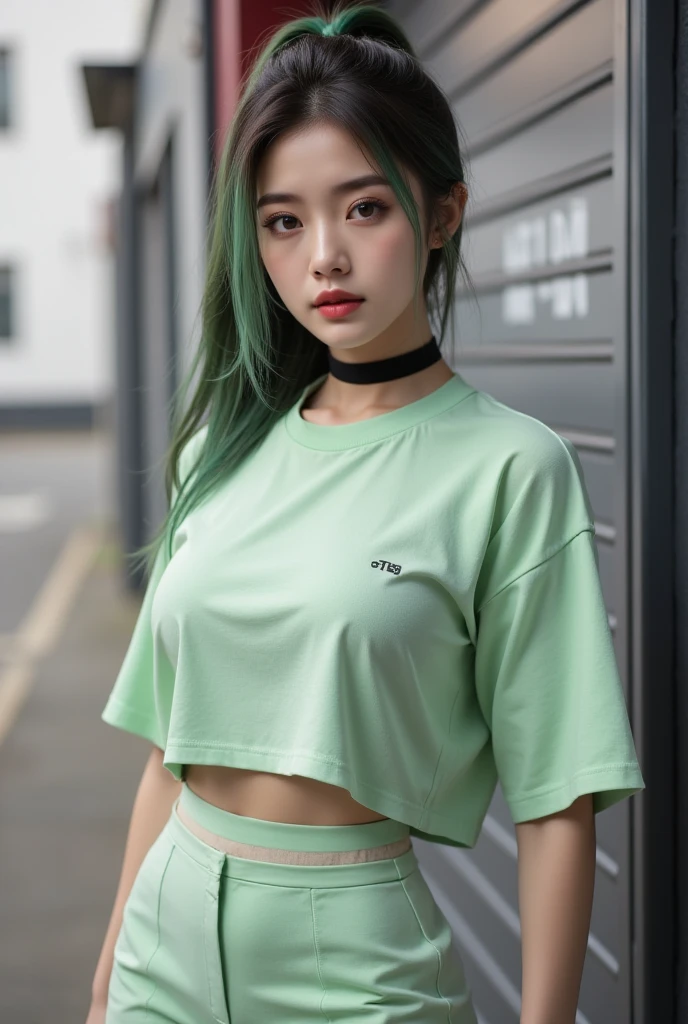 An asian woman in a green top and black shorts, Korean Girl, gorgeous young Korean Woman, 2 4 years old female model, Asian Girl, wearing yellow croptop, beautiful Asian Girl, beautiful south Korean Woman, beautiful young Korean Woman, chiho, young Asian Girl, Chic, Korean Woman, Photo of slim girl, wearing Tight shirt, Tight shirt,teats
