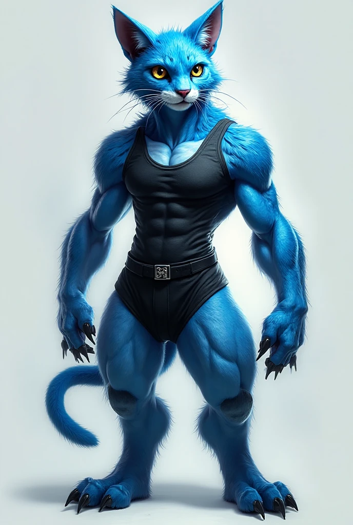 An anthropomorphic blue lion with green eyes, melena azul oscuro (alrededor del cuello), cuerpo azul, garras azules, ojos azules, pelaje azul, nariz azul, garras, pelaje, fondo degradado, feliz, head tuft, mirando al espectador, boca abierta, sonrisa abierta, shorts negros, pose 