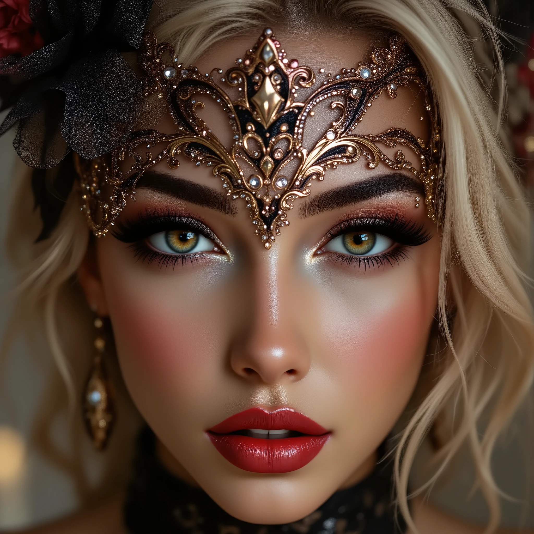  A woman getting ready for a masquerade ball, Put on the mesh eye mask you wear to a masquerade ball, [A mask with beautiful glittering decorations, Put on the mask], [I see women, Hands and ((firm and full breasts:1.4)) are shown], Illustration of a masquerade ball, Expressive details, Artilove blow style, Bar scene , Ultra-realistic (photorealistic Realism), (ultra realistic texture details: velvety skin, hair), (Key Directive: - "The priority is the anatomical accuracy and texture of the materials" - "Ultra-sharp human eyes with biological accuracy"). ((sharp focus, not blurry eyes, high resolution, Realistic brown_eyes:1.4) intricate details:1.3), wearing makeup: - "(professional pink_makeup:1.2),(Thin eyebrows),Carefully draw Long eyelashes:1.2,((perfect dark_eyeshadows:1.3)),detailed lips:1.3,(apply glossy red_lipstick:1.3)" beautiful cheekbones, ((well-muscled body:1.3)), [dark blonde hair (short hair, slicked to one side) intricately details)] (Post-Processing: - "Frequency separation for skin vs eye details" - "Selective sharpening: eyes20% , hair150%"- "shiny skin floats below the waist"nail/[black see-through gloves & elegant mesh gloves], "white teeth, oiled skin. no blur sharp focus on all body" 