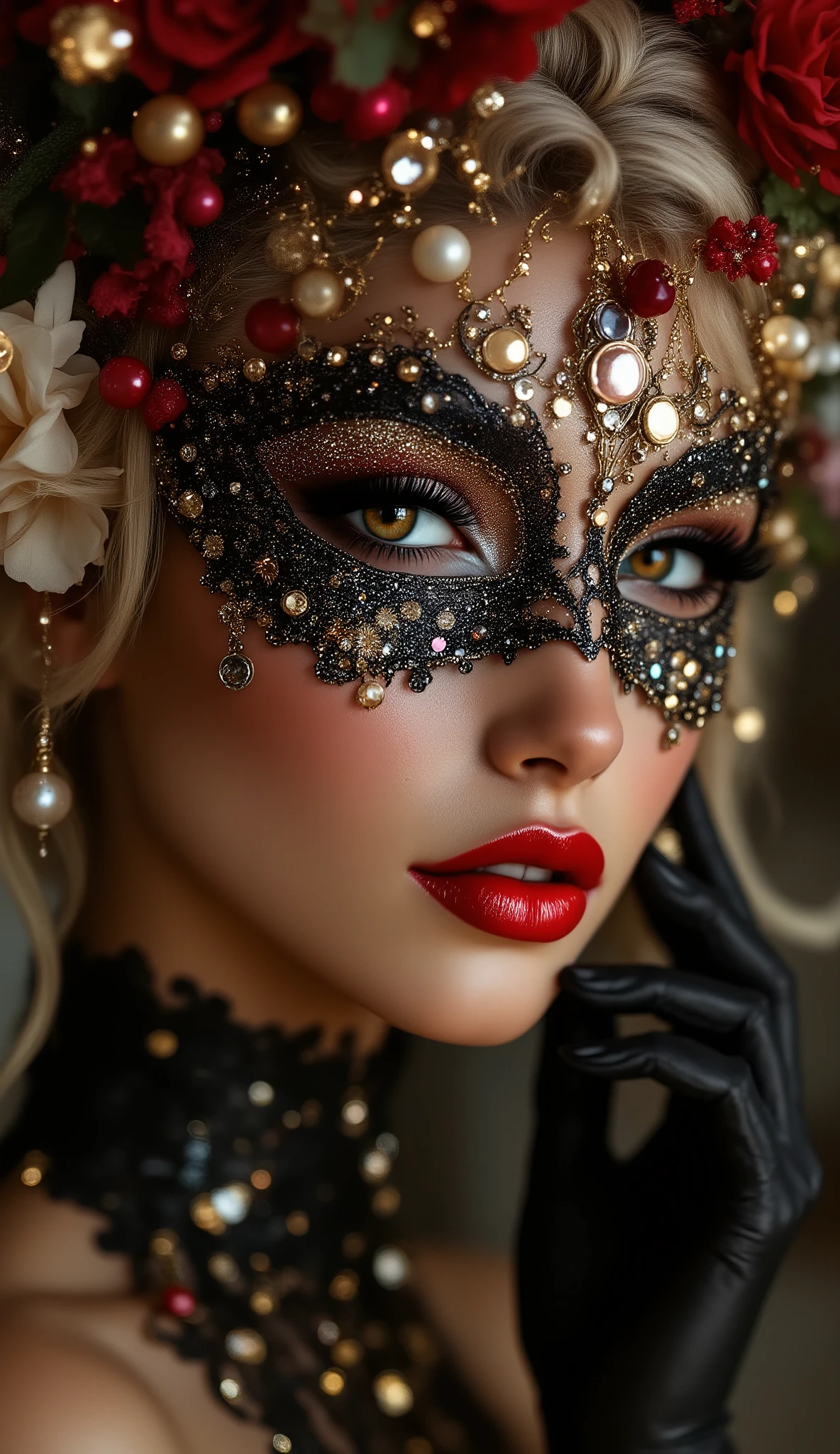  A woman getting ready for a masquerade ball, Put on the mesh eye mask you wear to a masquerade ball, [A mask with beautiful glittering decorations, Put on the mask], [I see women, Hands and ((firm and full breasts:1.4)) are shown], Illustration of a masquerade ball, Expressive details, Artilove blow style, Bar scene , Ultra-realistic (photorealistic Realism), (ultra realistic texture details: velvety skin, hair), (Key Directive: - "The priority is the anatomical accuracy and texture of the materials" - "Ultra-sharp human eyes with biological accuracy"). ((sharp focus, not blurry eyes, high resolution, Realistic brown_eyes:1.4) intricate details:1.3), wearing makeup: - "(professional pink_makeup:1.2),(Thin eyebrows),Carefully draw Long eyelashes:1.2,((perfect dark_eyeshadows:1.3)),detailed lips:1.3,(apply glossy red_lipstick:1.3)" beautiful cheekbones, ((well-muscled body:1.3)), [dark blonde hair (short hair, slicked to one side) intricately details)] (Post-Processing: - "Frequency separation for skin vs eye details" - "Selective sharpening: eyes20% , hair150%"- "shiny skin floats below the waist"nail/[black see-through gloves & elegant mesh gloves], "white teeth, oiled skin. no blur sharp focus on all body" 