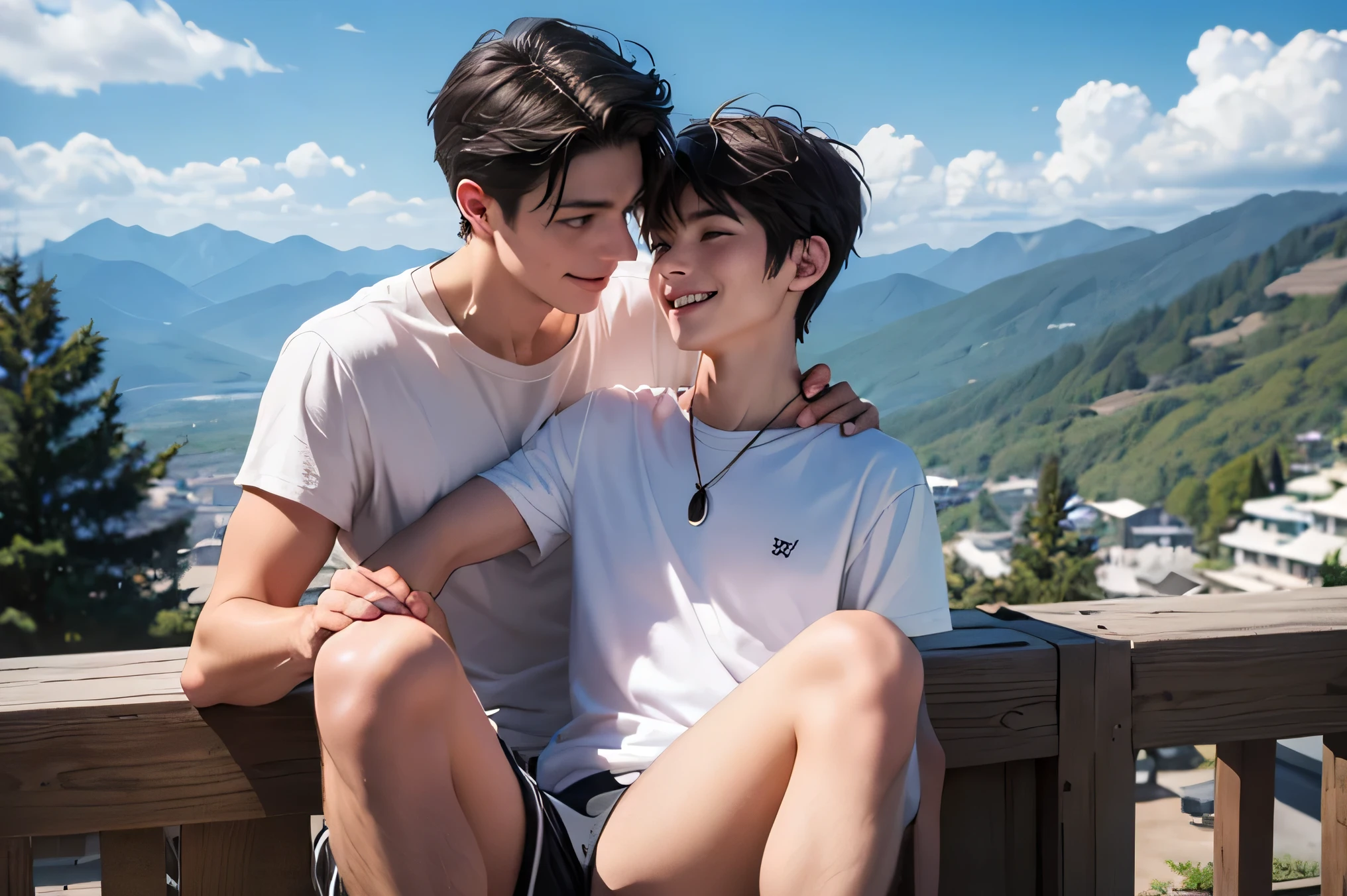 Adult Male Duo Handsome Japanese slim figure Thin short hair dark haired whitetshirt White Shorts 白のknee-length shorts their crotch is huge when they break their knees and open their legs Groping the crotch Look up a little and look embarrassed summer resort Plateau the background is a beautiful sky and mountains Make your face bigger Itchy groin looking at the camera and smiling Groping the crotch Look at my mokkori Please touch my mokori Adult Male Duoイケメンで話している Adult Male Duo