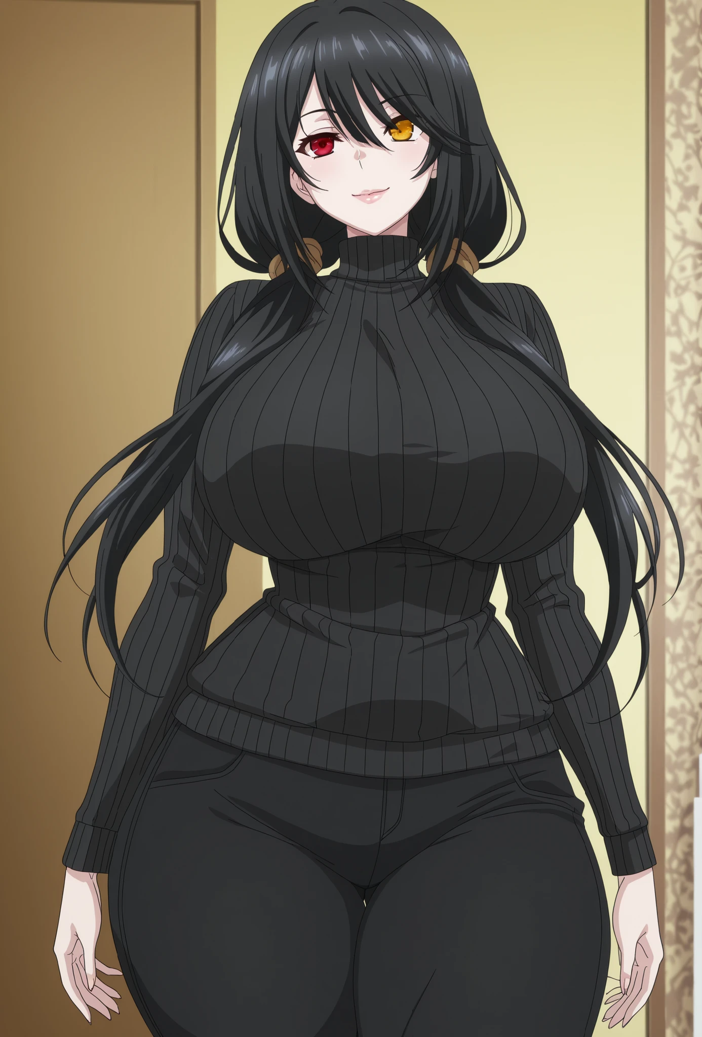 newest , masterpiece , anime screencap , anime coloring , 1girl, kurumi tokisaki, black hair, red eyes, long hair, twintails, yellow eyes, heterochromia, mature female, ractical body shape, glamorous bodies, attractive bodies, motherly, big Curvy, Slutty, Neat, huge breasts, big buttocks, wide Butt, thick thighs, Toned thighs, ((black turtleneck sweater, black pants,)), smile, Lips,