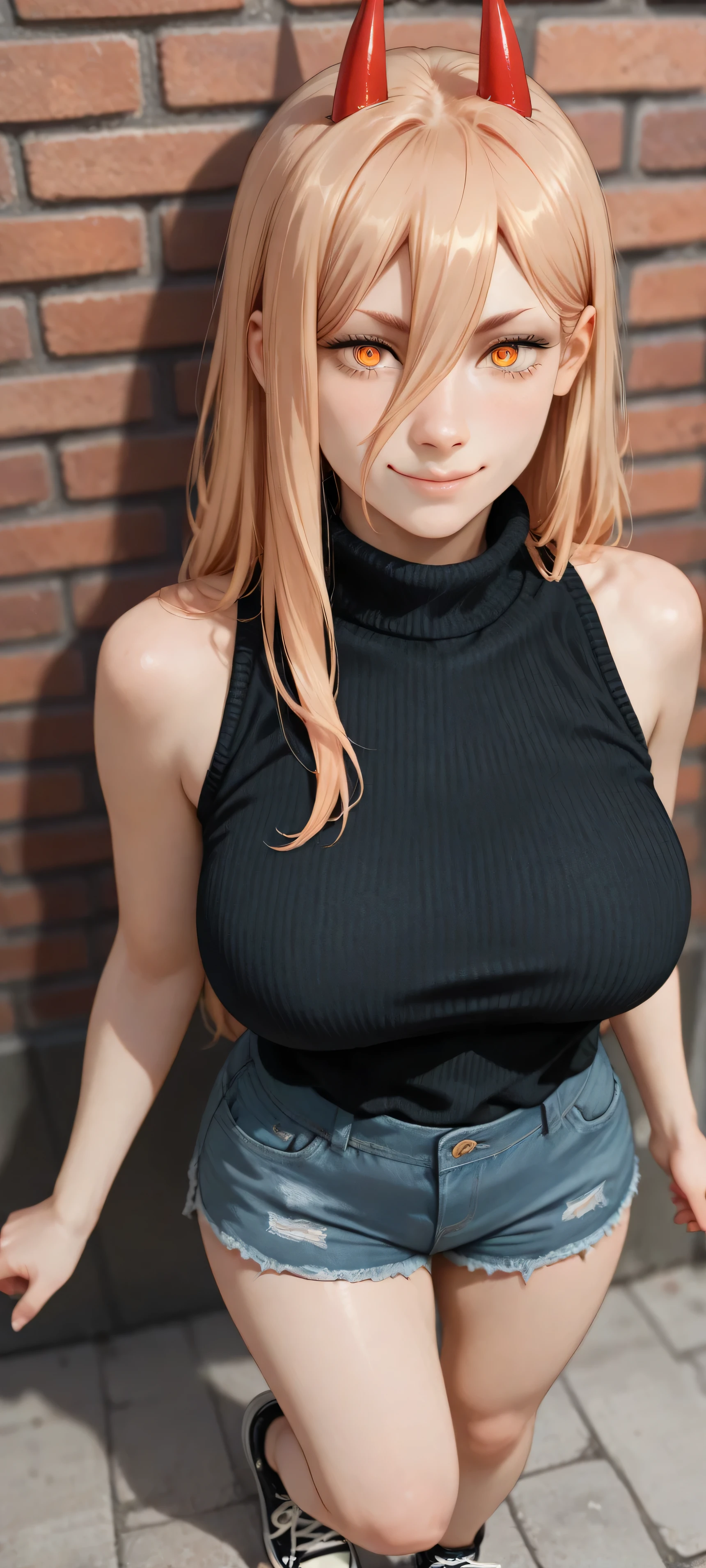 overhead shot: power (chainsaw man), smile, she looks sexy, wearing a black sleeveless knitted sweater and no bra, big breast, wearing shorts, wearing converse shoes, black brick wall background, blurred background (front view).