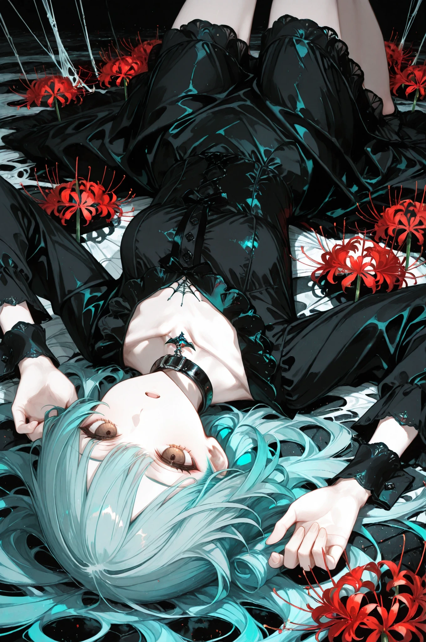 1girl ,black dress ,aqua hair ,black dress ,brown eyes ,collar bone ,open mouth ,dress ,expressionless ,long sleeves ,lying ,on back ,shirt ,spider lily ,solo ,upside-down ,wrist cuffs ,masterpiece, best quality, ultra detailed ,