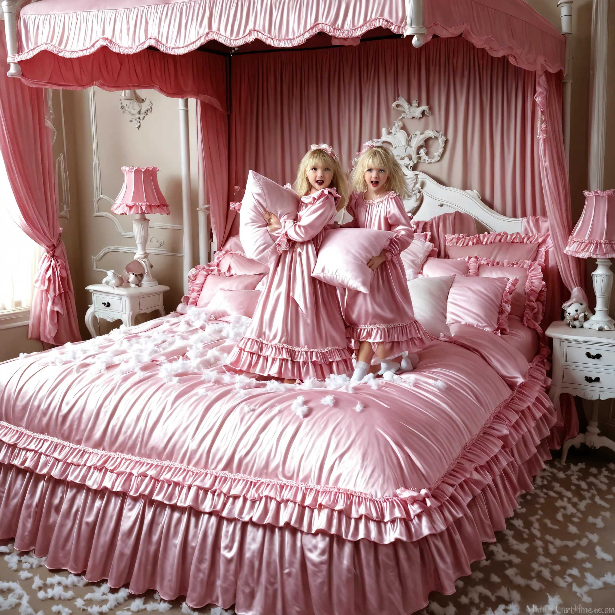 ((big bedの上のかわいい女の子)),((Childhood )),((Little Girl)), ((little girls Pillow Fighting on the bed,Pillow Fight:1.2,)),They Have Ruffled Silk Satin Pillows,((lots of white feathers dancing,detailed realistic feather:1.0)),is short,((white Americans, blue eyes, long blonde,detailed face)),cute face,plump quilted pink silk satin nightgown,((lots of frills and ribbon decorations)),long sleeve,ruffle sleeve, ((long skirt:1.4)),white socks,big bed、comes with lots of pink silk satin cushions,pink cute canopy bed  , ,four-poster canopy bed,king size bed,big bed,pink silk satin ruffle plump quilt pillow,More pillows,  soft pink silk satin cover,round plump comforter,Ruffled lace silk.retro white pipe bed frame, realistic,((Out of frame bigger king size bed:1.2)), silk satin curtain on the bed with frills ,