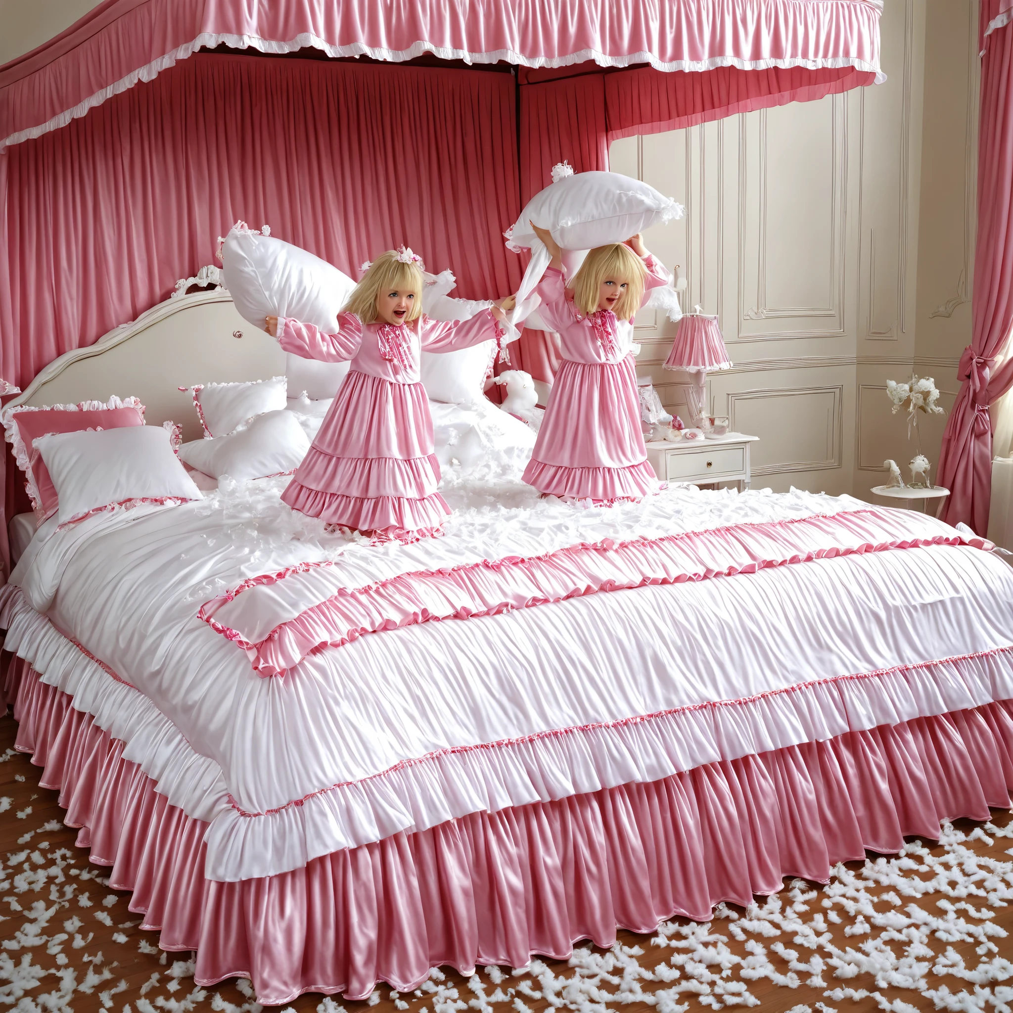 ((big bedの上のかわいい女の子)),((Childhood )),((Little Girl)), ((little girls Pillow Fighting on the bed,Pillow Fight:1.2,)),They Have Ruffled Silk Satin Pillows,((lots of white feathers dancing,detailed realistic feather:1.0)),is short,((white Americans, blue eyes, long blonde,detailed face)),cute face,plump quilted pink silk satin nightgown,((lots of frills and ribbon decorations)),long sleeve,ruffle sleeve, ((long skirt:1.4)),white socks,big bed、comes with lots of pink silk satin cushions,pink cute canopy bed , ,four-poster canopy bed,king size bed,big bed,pink silk satin ruffle plump quilt pillow,More pillows, soft pink silk satin cover,round plump comforter,Ruffled lace silk.retro white pipe bed frame, realistic,((Out of frame bigger king size bed:1.2)), silk satin curtain on the bed with frills ,