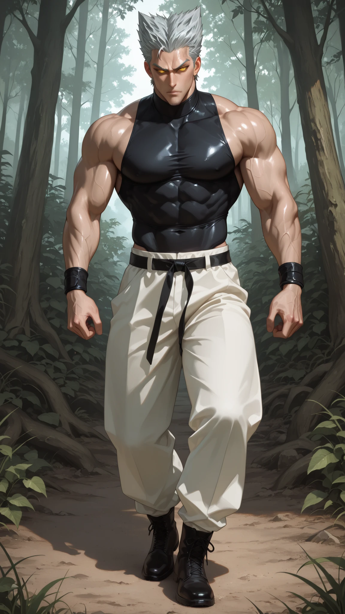 best quality, very detailed, Perfect Description , Mature Male Garou, rebellious short silver hair, sharp golden eyes, intense , Masculinity, distinct jawline,dynamic posture, battle, Sexy side face, perfect muscular upper body, lean muscular body, Black sleeveless , white uniform pants on hand, Provocative pose, Clear abs, sexy waistline, a position where you throw your head with one hand, In the forest, battle하는 intense 명암, sophisticated composition, full body, mysterious atmosphere