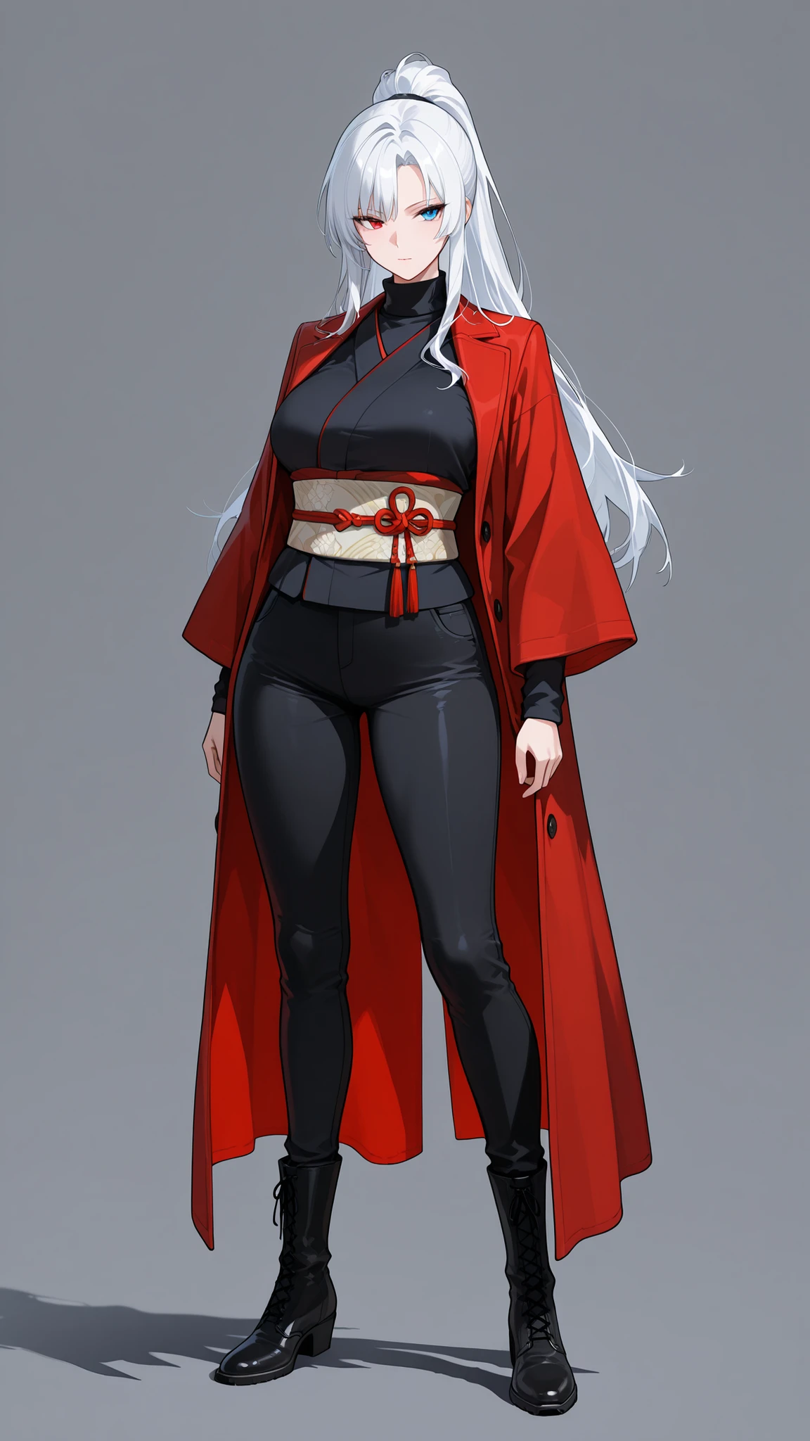 best quality, masterpiece, absurdres, 1girl, solo, heterochromia, red_eye, blue_eye, white_hair, long_hair, large_breasts, mature_female, long_hair, red_coat, two sided fabric, black_kimono, tsurime, ponytail, turtleneck, portrait, simple_background, grey background, from_side, full_body, boots, black_pants, formal clothes, obi, sash, standing, shadow, bangs,