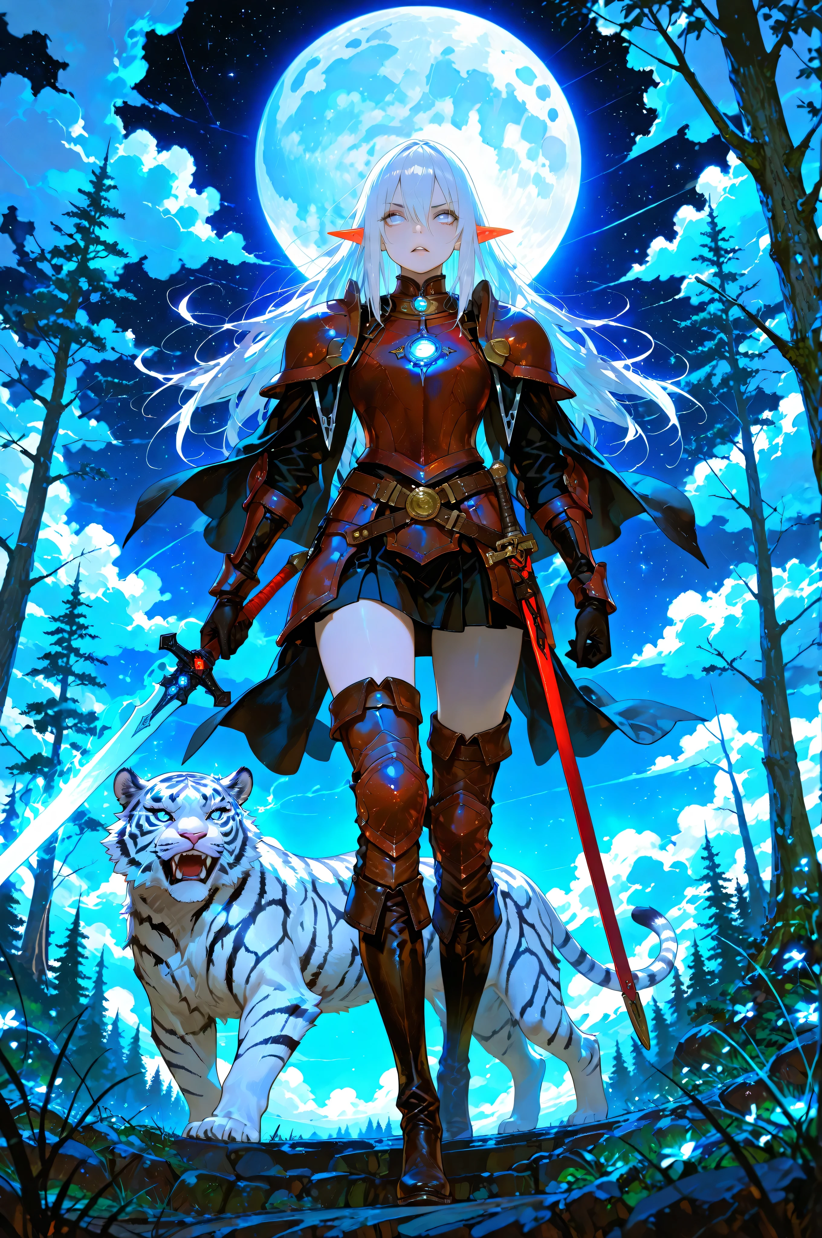 picture of a female dark elf ranger and her pet white tiger, warrior of nature, fighter of nature, a female beautiful epic drow wearing leather armor (masterpiece best quality, amazing quality), leather boots, black skin, thick hair, long hair, white hair, pale skin intense eyes, full body, full body, talking to an epic ((white tiger)) armed with a magical sword masterpiece, best quality, high quality, detailed, absurdres, epic magical sword, glowing in blue light , in dark forest, forest background, moon light, stars light, clouds (masterpiece best quality amazing quality), high details, best quality, 16k, masterpiece, best quality, high quality, detailed, absurdres, fantasy art, RPG art, a wide angle dynamic angle, , high details, best quality, highres, ultra wide angle,, creating award winning, photorealism, depth of field, hyper realistic, low-key, glowing, ember