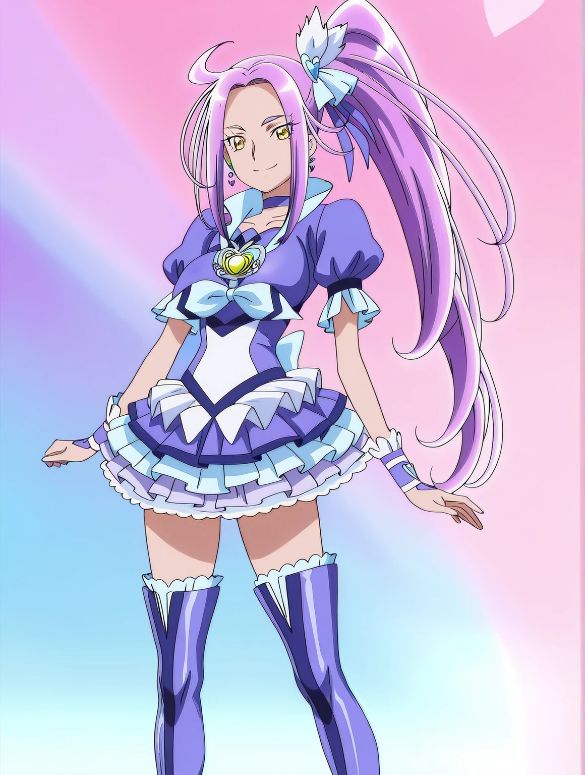 score 9 、score 8 up、score 7 up、source anime、傑作、best quality、best resolution、best image quality、Very detailed face、Very detailed eyes、very detailed、anime coloring、anime screencap、anime screenshot、official style、1girl、cure beat、purple haired anime woman is wearing a purple dress、solo、purple hair、side ponytail hair、high side ponytail hair、very long hair、parted bangs、アホ毛、yellow eyes、睫毛、shiny hair、 hair pin、hair bow、earrings、purple dress、frilled dress、purple neckwear、purple choker、long legs、big breasts、covered breasts、very large breasts、covered boobs、large boobs、covered trapezius、tall girl、purple puffy short sleeves、frilled sleeves、bare thighs、purple mini skirt、frilled skirt、layered skirt、white mini skirt underneath purple mini skirt、wrist cuffs、jewelry、heart brooch、purple legwear、purple thighhighs、purple footwear、knee boots、heel boots、official anime style、sparking magical girl、sexy atmosphere、official anime artwork、cool atmosphere、ultra mega super hyper sexy、official anime art style、ultra mega super hyper cool、!!Full body portrait!!、wrist cuffs、biceps、biceps long head、biceps short head、triceps、triceps medial head、triceps lateral head、triceps long head、brachioradialis、covered deltoids、arm muscles、thigh muscles、semitendinosus muscles、covered adductor magnus muscles、anime screencap、cool smile、sexy smile、magical girl style、sexy female、lewd female、cool beautiful、magical aura、the blue thunder aura、the pastel purple thunder aura、cool sexy、perfect body、perfect hands、perfect arms、perfect legs、female focus、looking at viewer、solo focus、cure beat outfit、cowboy shot、beefcake style、blue background、pastel purple background、two tone background、gradient background、multicolored background、official art、