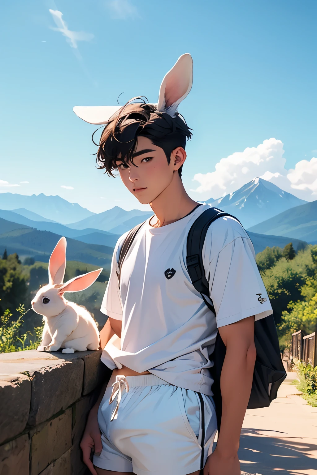 Handsome guy with rabbit ears Man Two short hair dark haired White Shorts white boxer shorts the background is a beautiful sky and mountains Handsome guy with rabbit ears Man Two が笑顔で並ぶ Two people with rabbit ears