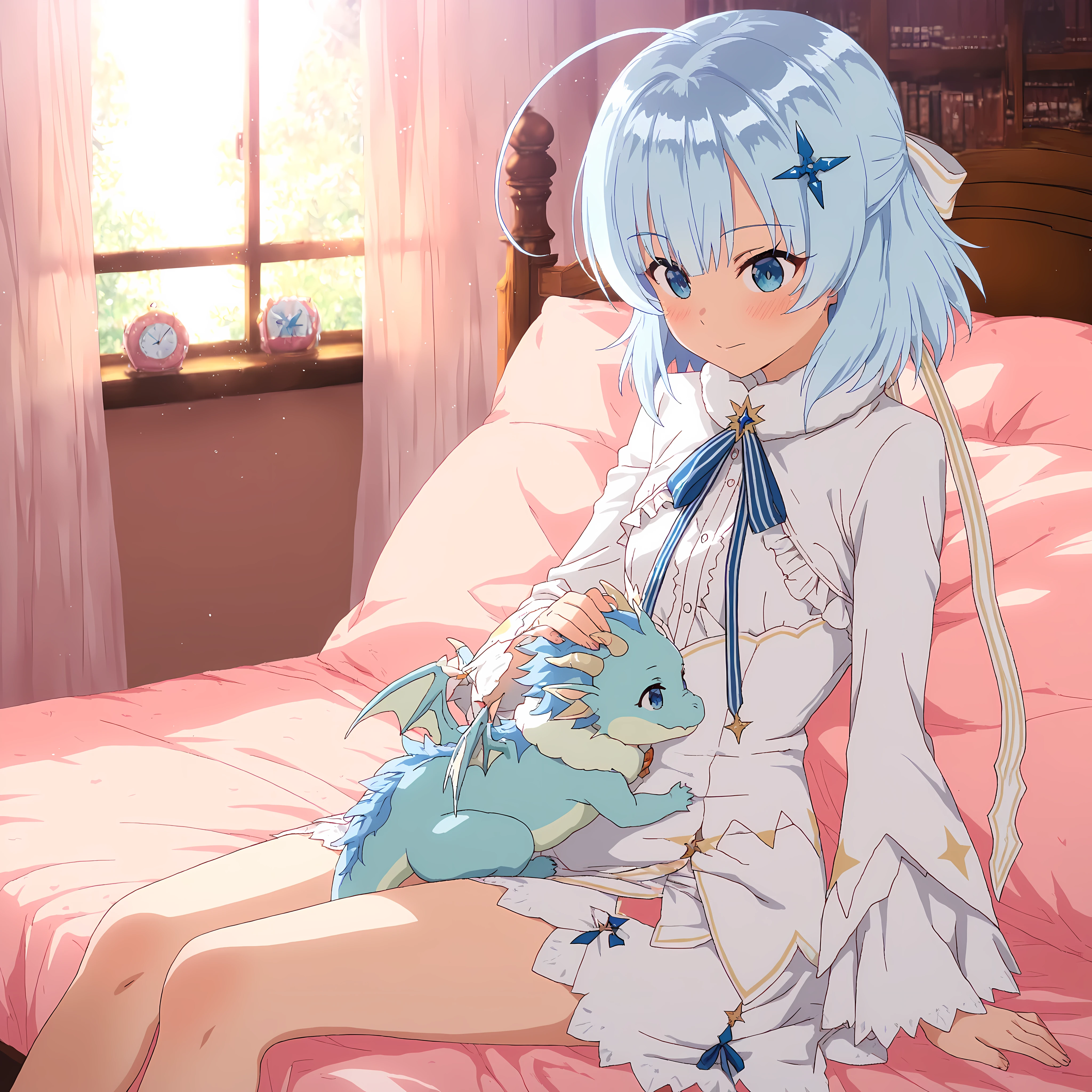 best quality, amazing quality,masterpiece,absurdres,ultra detailed,High Quality, High Resolution ,High Definition, Tina_Howard, 1girl,,sitting on the bed, a small dragon, baby dragon on tina's lap,look at view