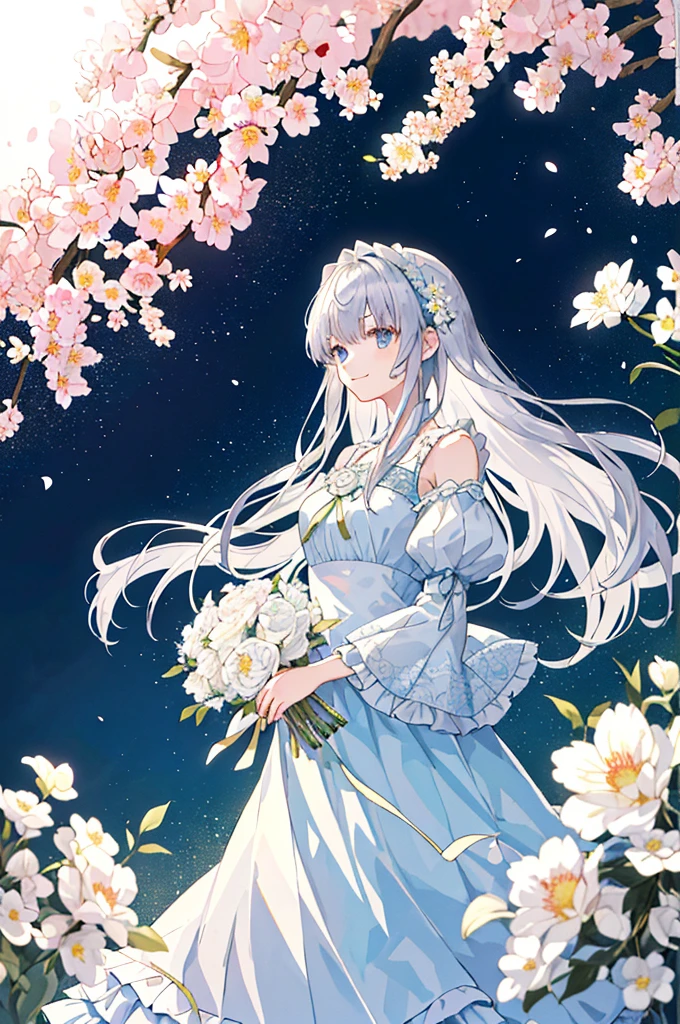 masterpiece, best quality, High resolution, unified 8k wallpaper, white_hair,1 girl, headband, long hair, wedding dress, , wedding_veil, , bouquet, Sea of flowers, cowboy shooting, looking at the audience, grassland,fluttering petals,Smile,,(beautiful and delicate eyes:1.6), extremely detailed face, perfect lighting, Extremely detailed CG, (perfect hands, perfect ),
