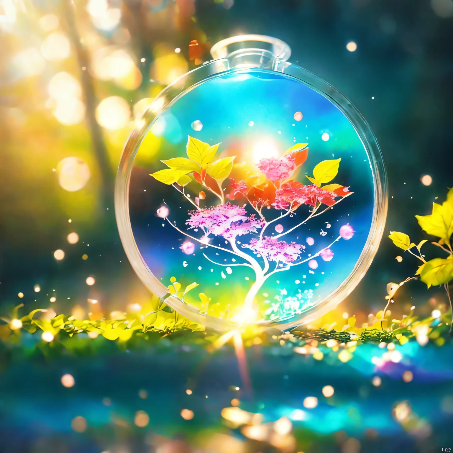 Cherry tree in a bottle, Fluffy, Practical, Atmospheric light refraction, photography：lee jeffries, Nikon d850 film stock photos 4 Kodak portra 400 camera f1.6 guns, Colorful, ultra Practical Practical textures, Dramatic Lighting, Unreal Engine Trends on artstation cinestill 800, Style - Glass