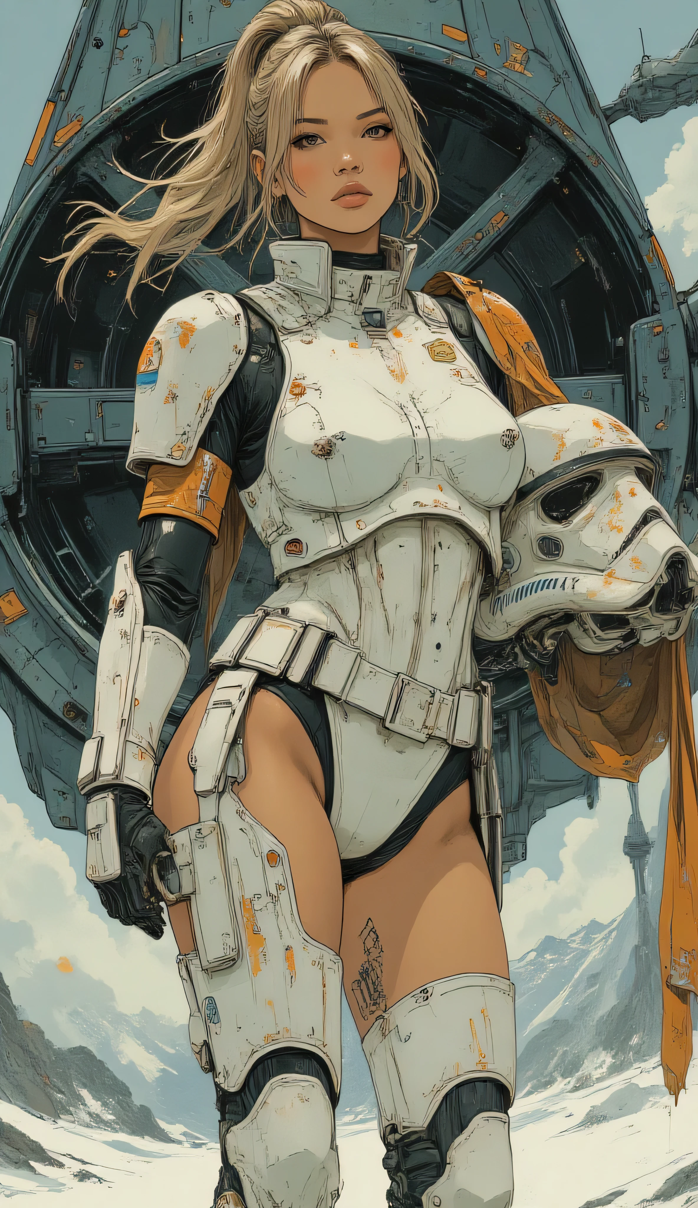 
 Comic sex art. Score_9, score_8_up, score_7_up, ((highest quality)), ((masterpiece)), (be familiar with), Perfect Face, (High definition), (Best Shadow), 8k, cinematic, (Realistic:1.4),dramatic. "rough style",Inspired by LuisRoyo, a beautiful 40th woman, wears the Snowtrooper armor with helmet in hand, blonde  ponytail, thriving physique, seductive, tanned skin. Full body view. Front view. Standing in front of a Star Wars's tie fighter  (Close-up)