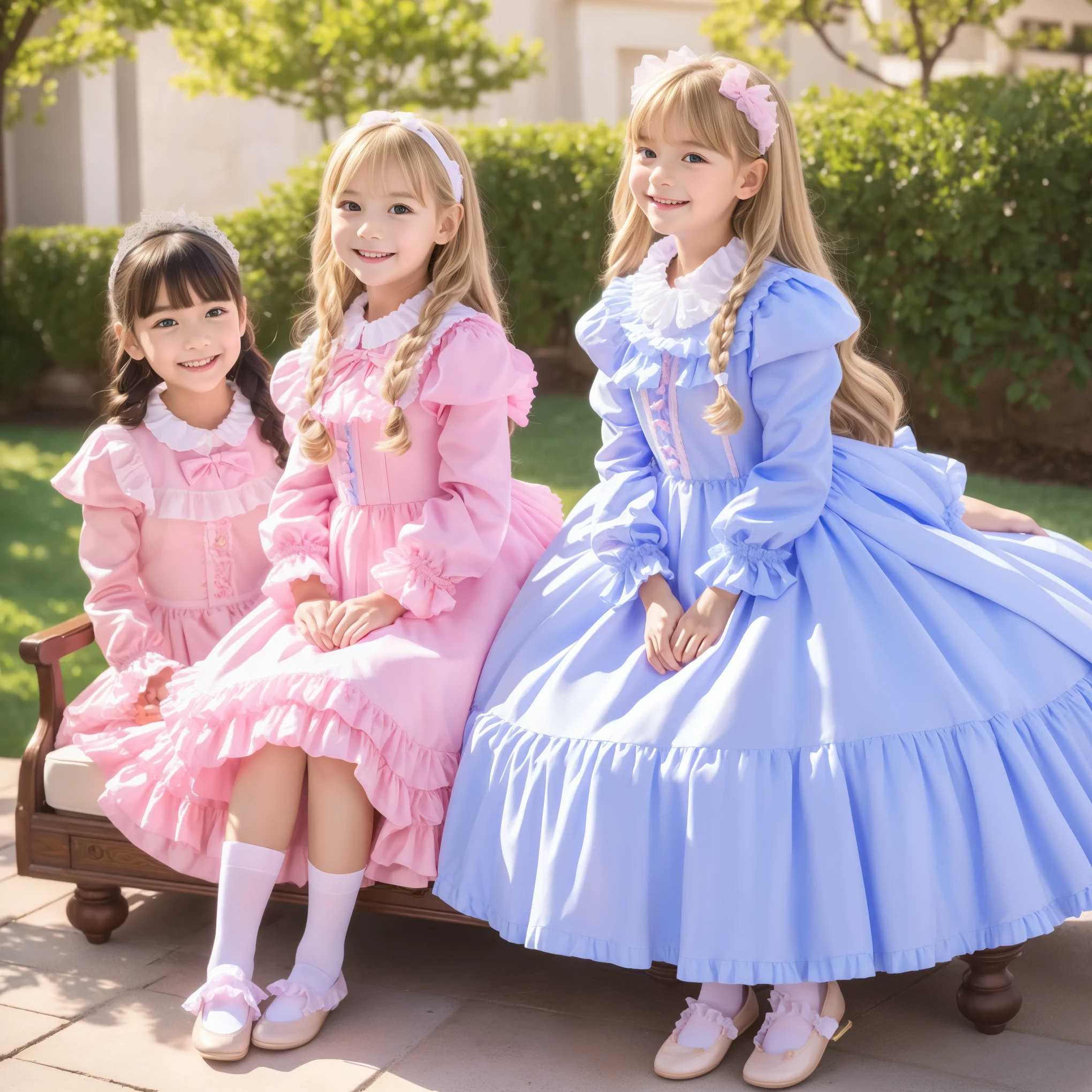 (( Distant Scenery,full body,standing:1.2)),Highest Quality, masterpiece, highest resolution, Artwork, super それにget used to it, many get used to it, get used to it, それにget used to it, 3k photos,,Three Ladies from a Noble Family,. ((10 year old European girl,blonde long hair:1.3)),Get used to the ultra-fine young face,lovely smile,baby-like face,ultra high res,  complicated details,  Back hair tied with ribbons,smile,A pastel-colored dress adorned in a cute way with ruffles and ribbons, （round large ruffle collar,bow tie,long sleeve, ruffle sleeve ,white ruffle blouse,Ruffle placket,Ruffles are cute ,frill skirt,Very elaborate costumes:1.3),(medium skirt,short balloon skirt)),Long Black Socks with Ruffles,black loafers,small breasts,,sitting across an indoor yoga ball, outdoor,detailed background,